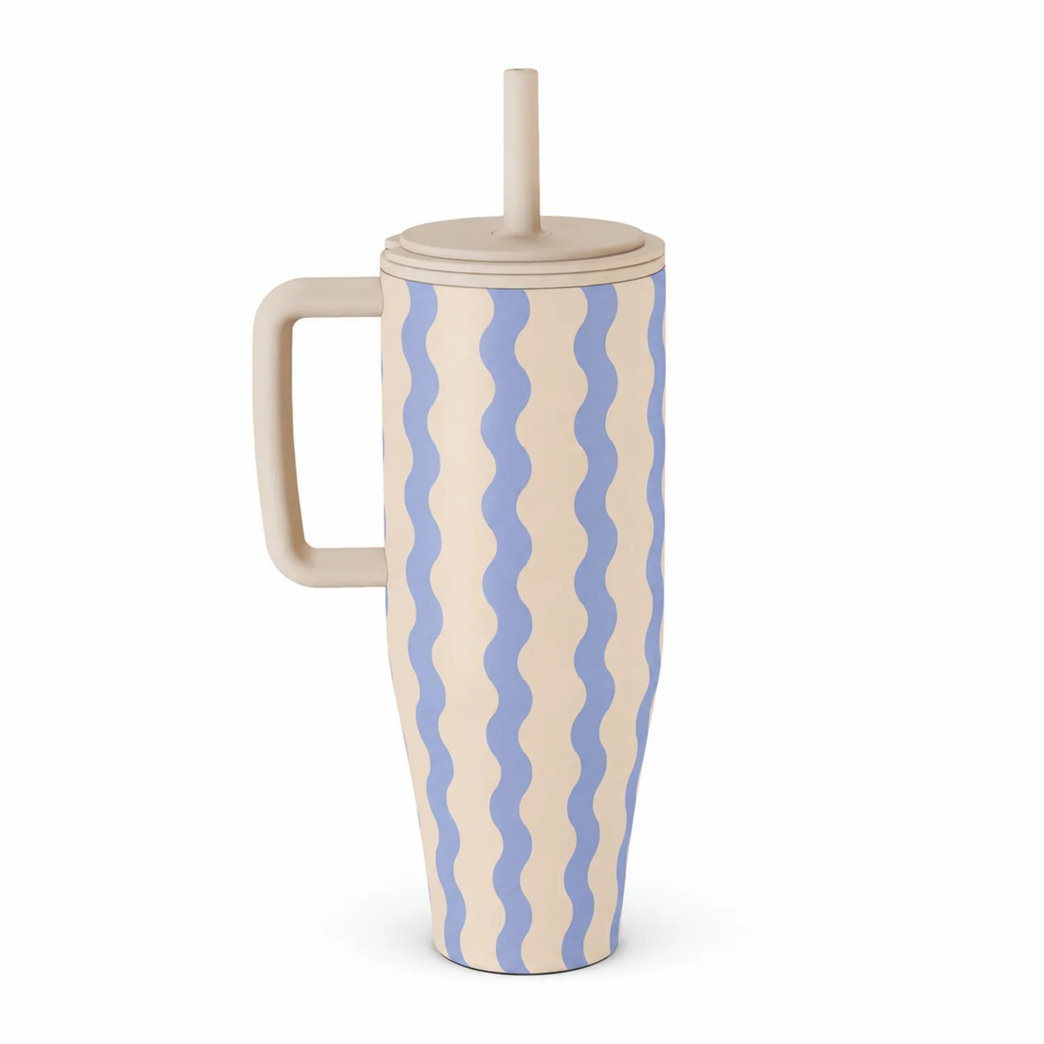 Thermobecher mit Griff und Strohhalm 500ml Beige/Blau Wellenmuster-Qiralume