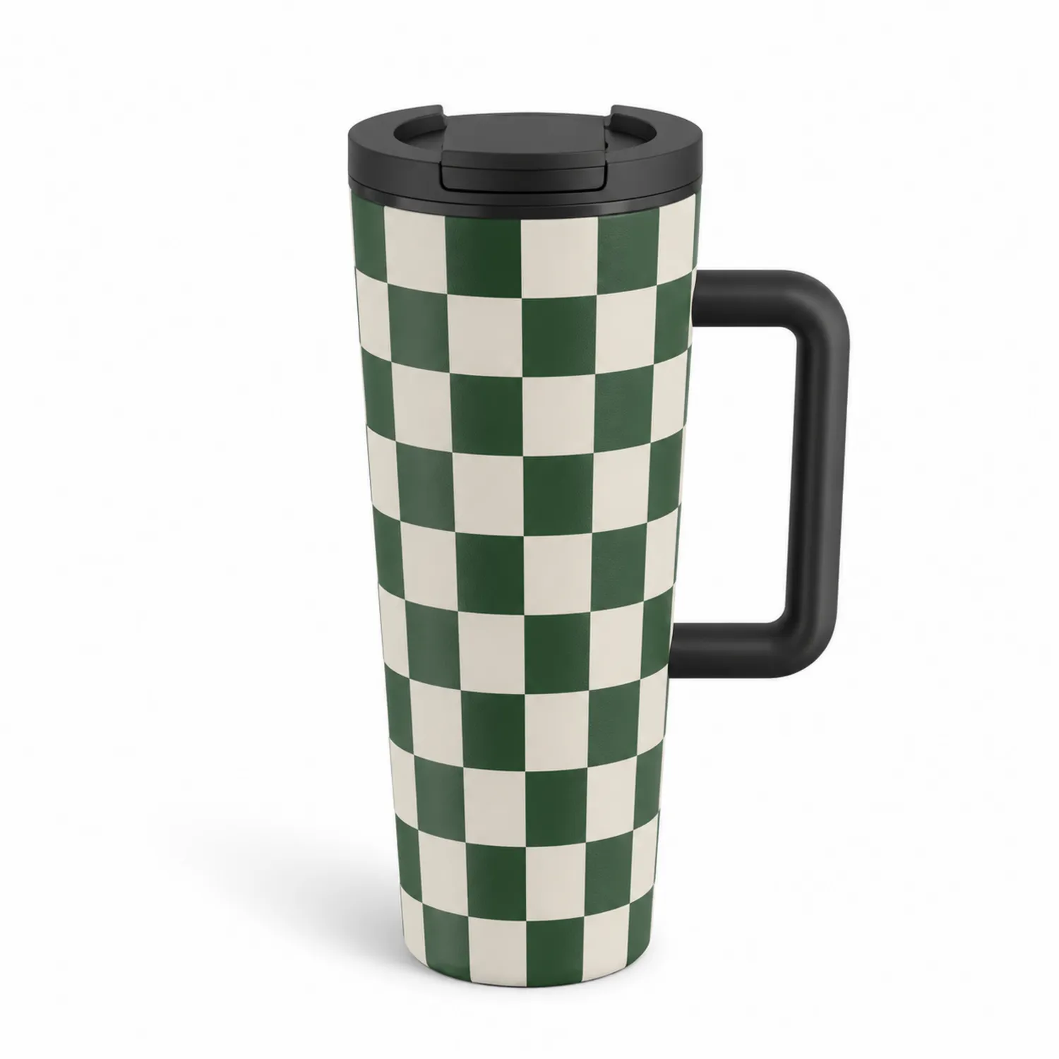 Thermobecher mit Griff, Schachbrettmuster, Grün/Weiß, 450ml-Qiralume