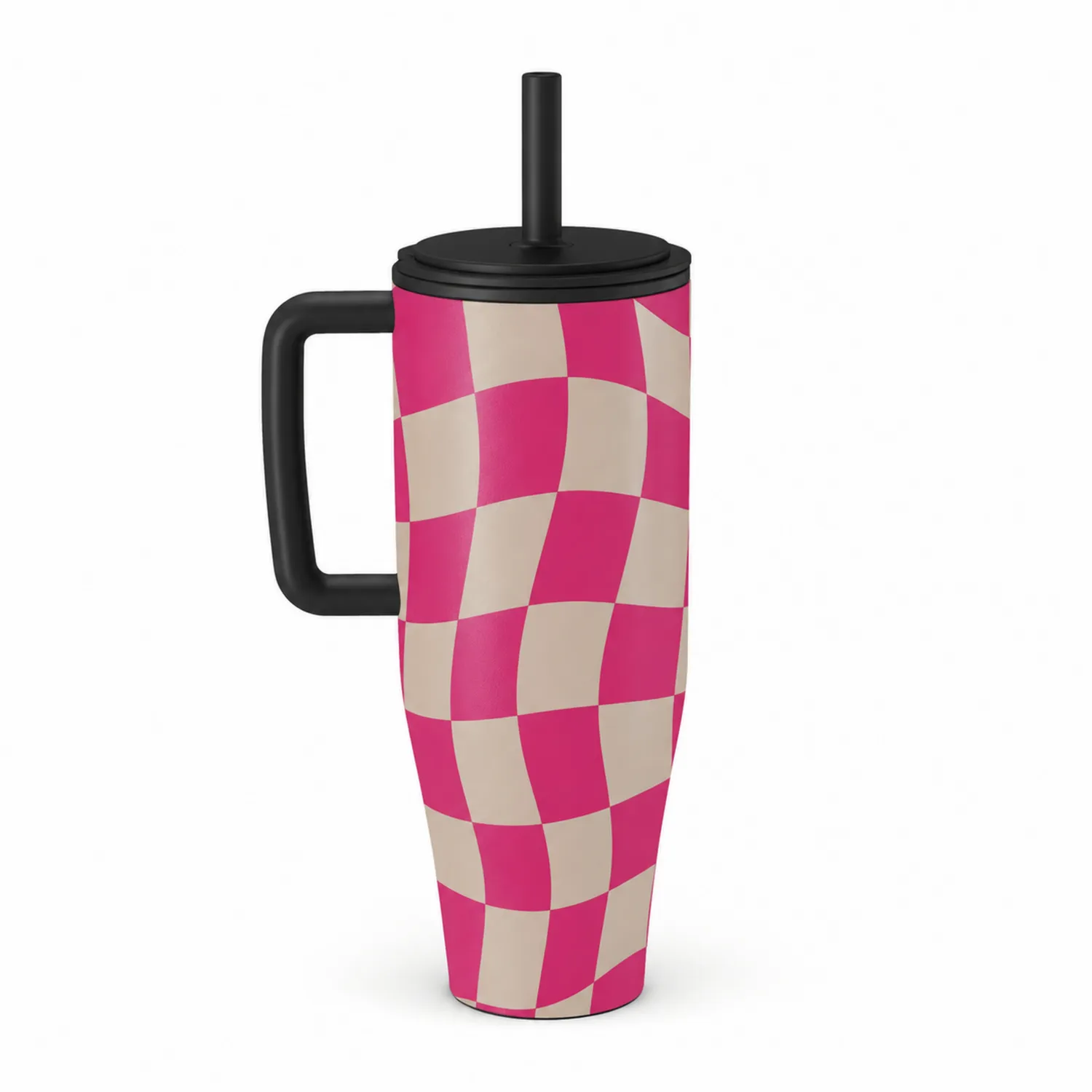 Thermobecher mit Strohhalm im Rosa/Beige Schachbrettmuster-Qiralume