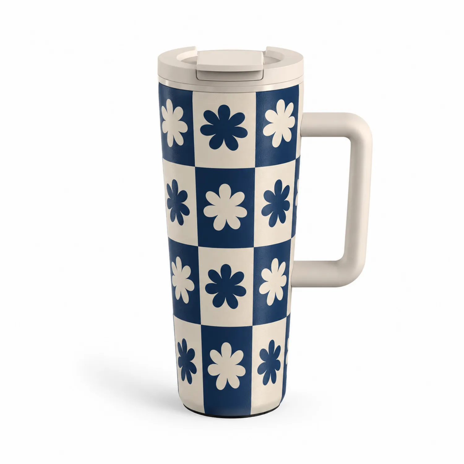 Thermobecher mit Griff Blau-Weiß Blumenmuster 500ml-Qiralume