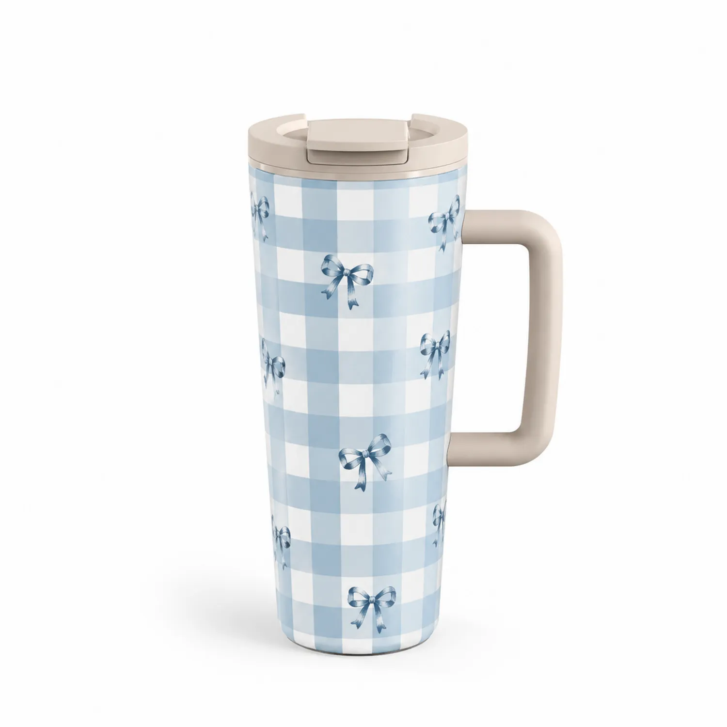 Thermobecher mit Griff 450ml Blau Kariert und Schleifenmuster-Qiralume
