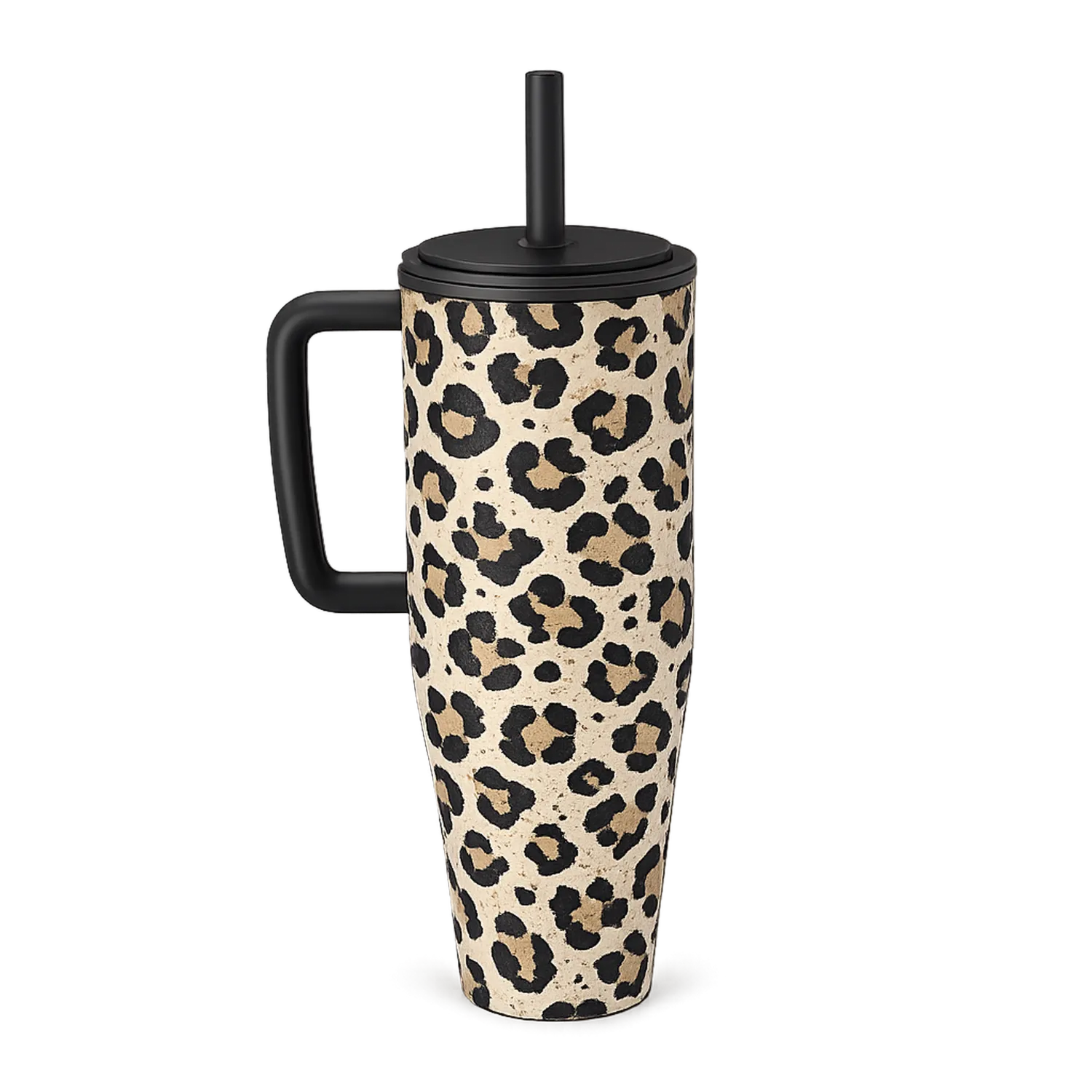 Leopard Isolierbecher mit Griff und Trinkhalm-Qiralume