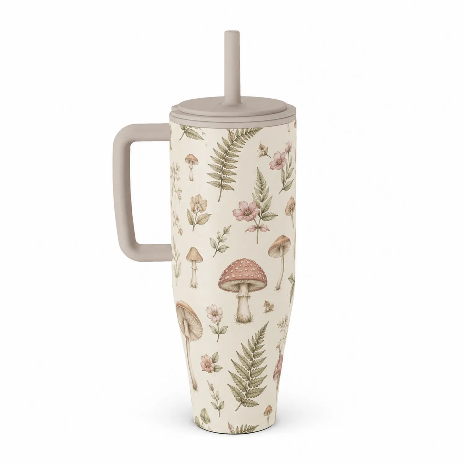 Großer Thermobecher mit Strohhalm 900ml Pilzmuster Beige-Qiralume
