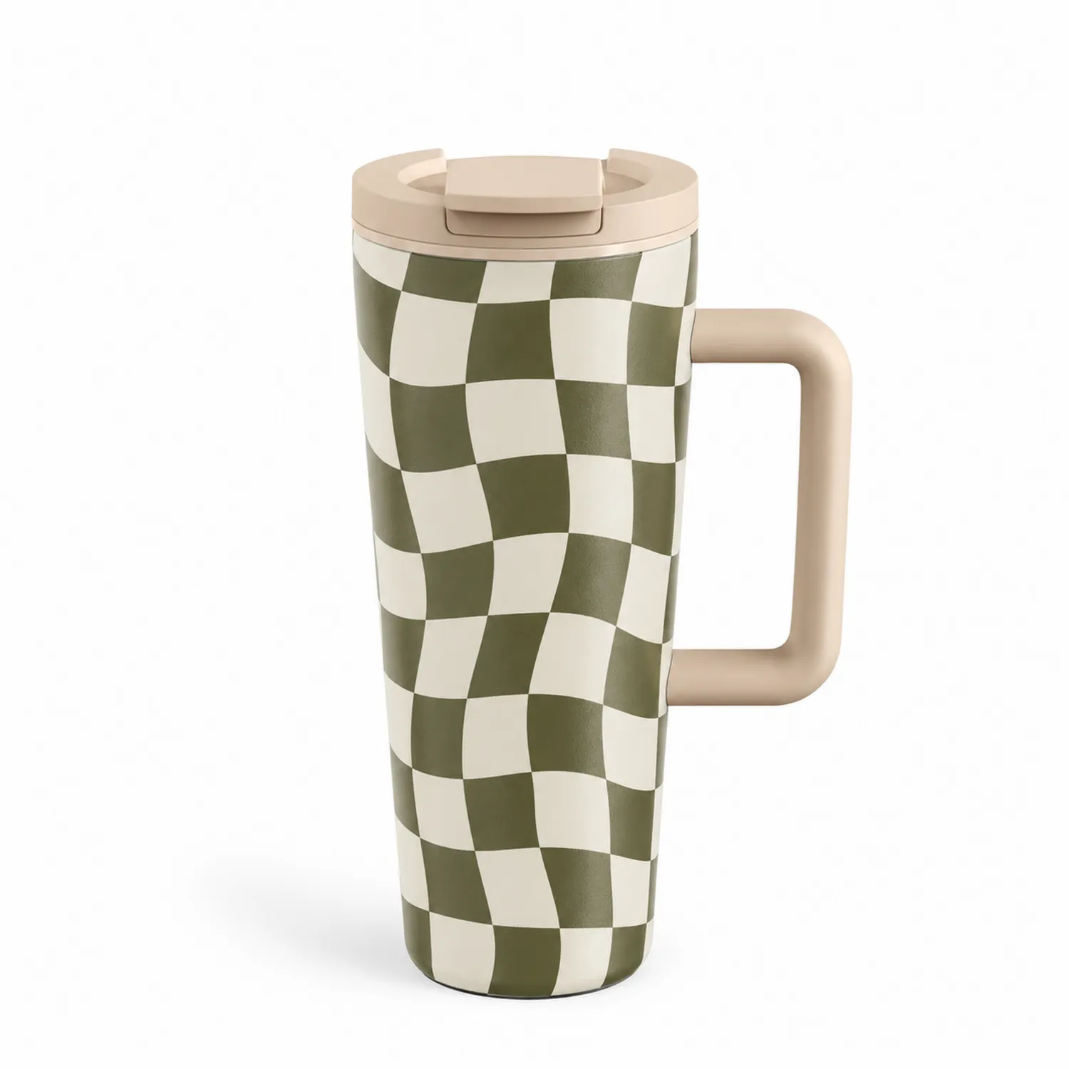 Thermobecher mit Henkel im Schachbrettmuster Grün/Beige-Qiralume