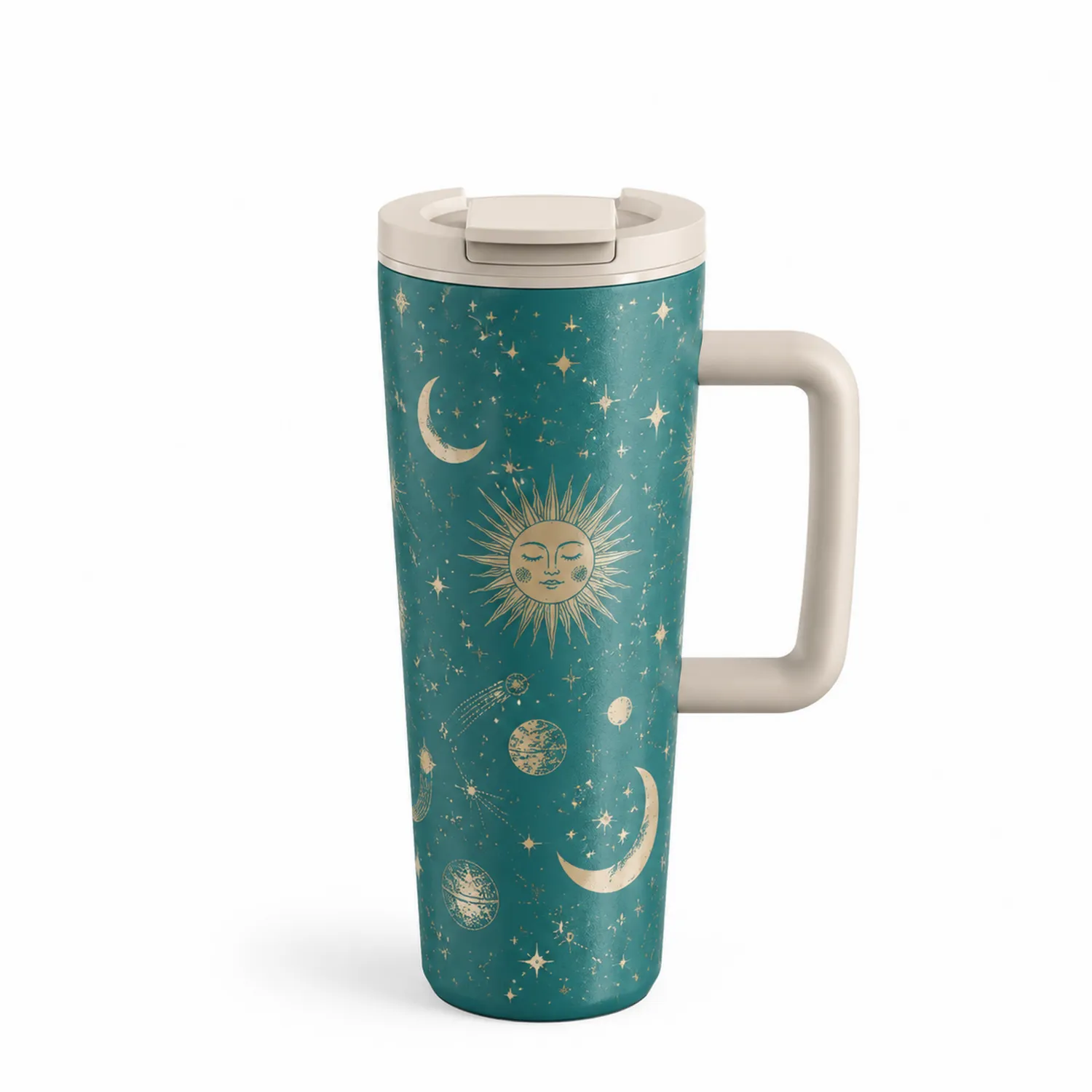 Thermobecher mit Griff Sonnensystem Motiv 400ml Türkis-Qiralume