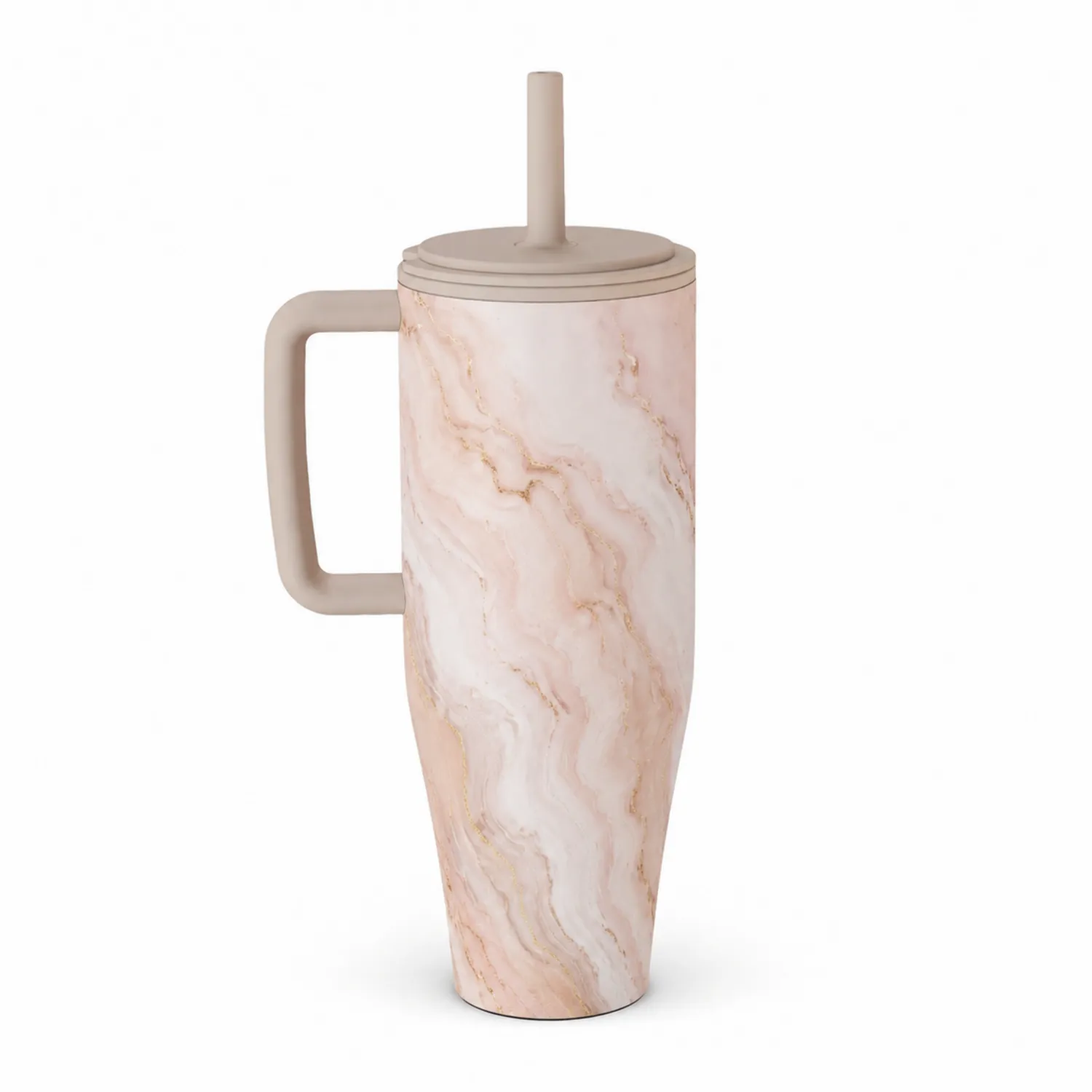 Thermobecher in Marmoroptik mit Griff und Strohhalm Beige 500ml-Qiralume
