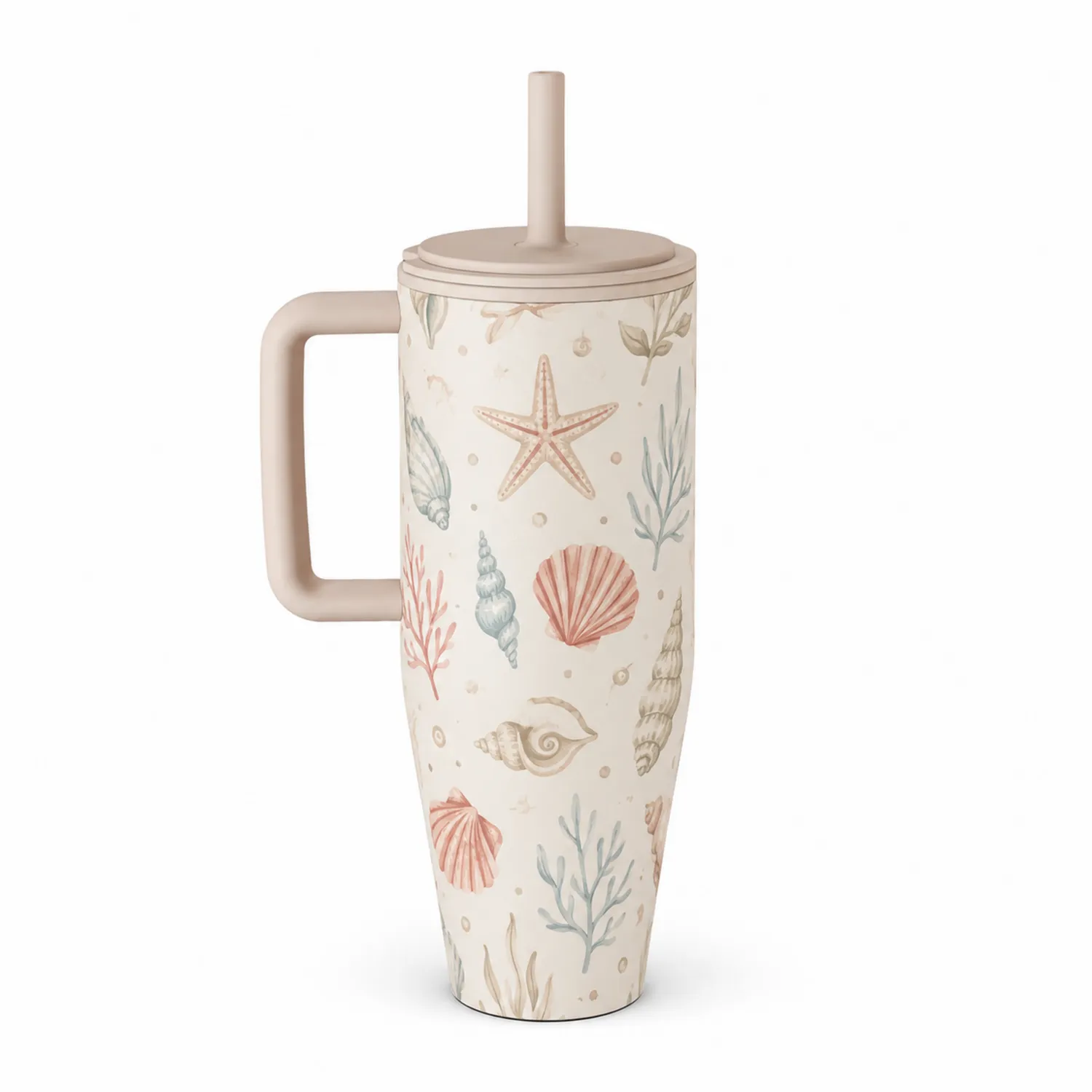 Isolierbecher mit Strohhalm Meeresmuster Beige 500ml-Qiralume