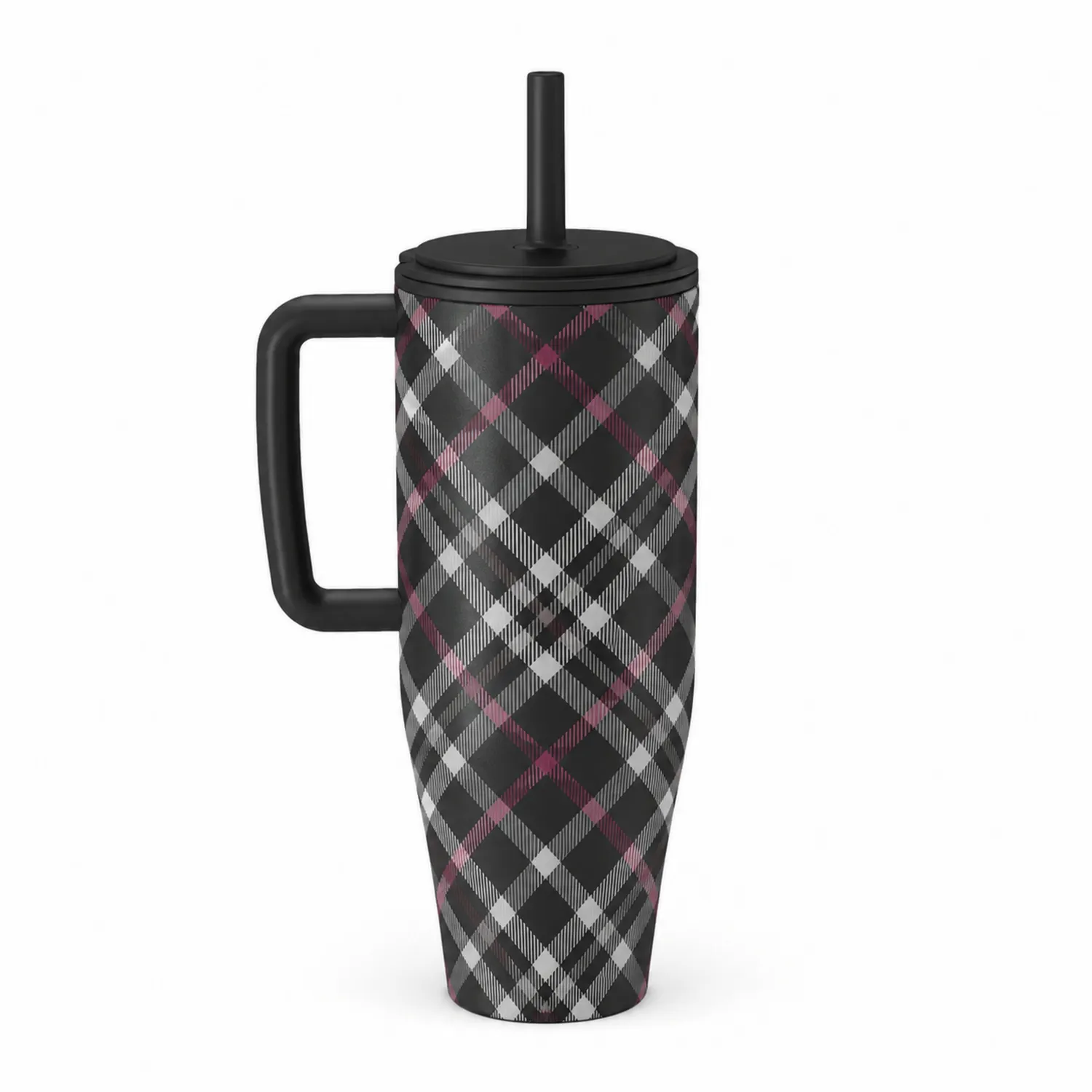 Thermobecher mit Griff im Karomuster 600 ml Schwarz/Rosa-Qiralume