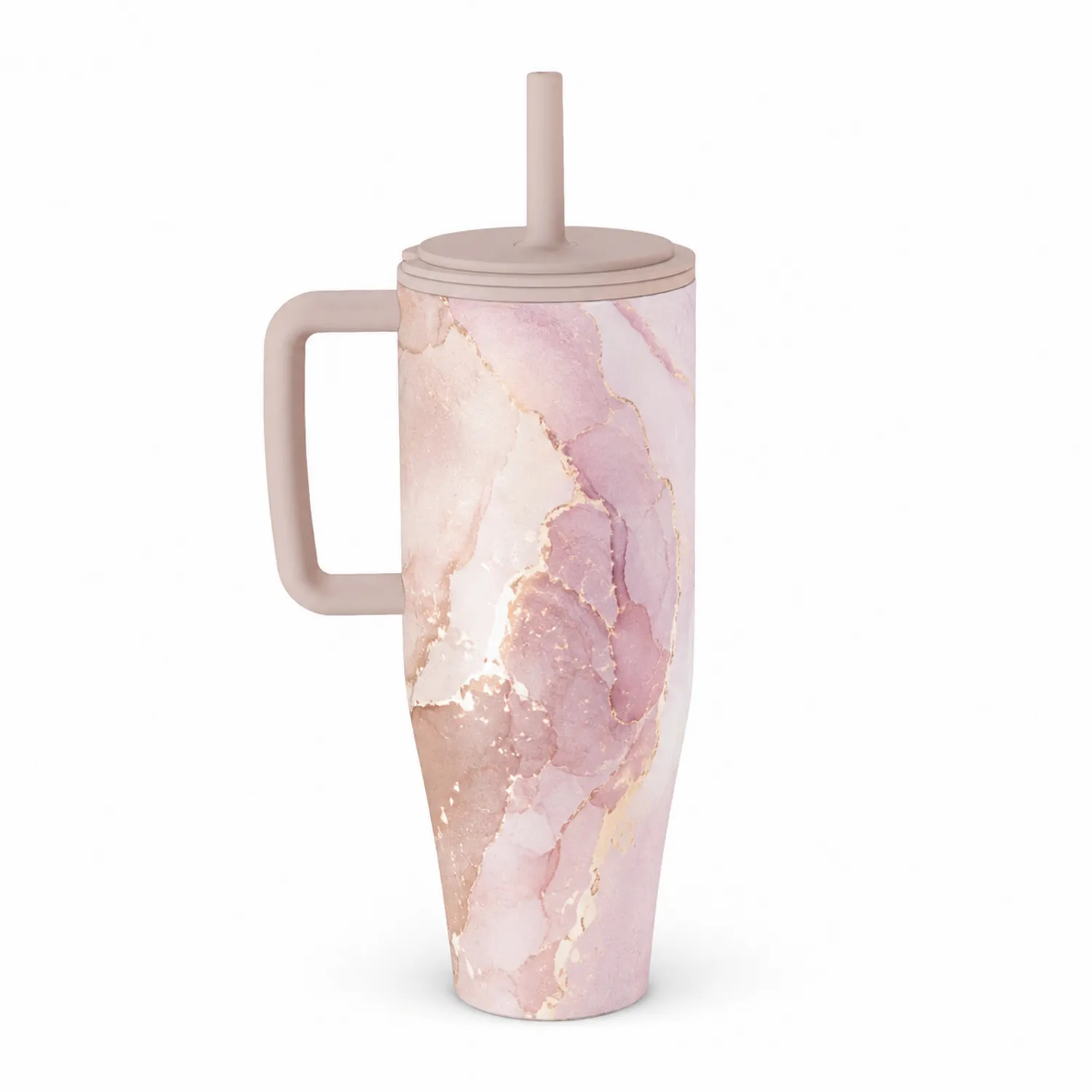 Thermobecher mit Griff und Strohhalm 500ml Rosa Marmor-Qiralume