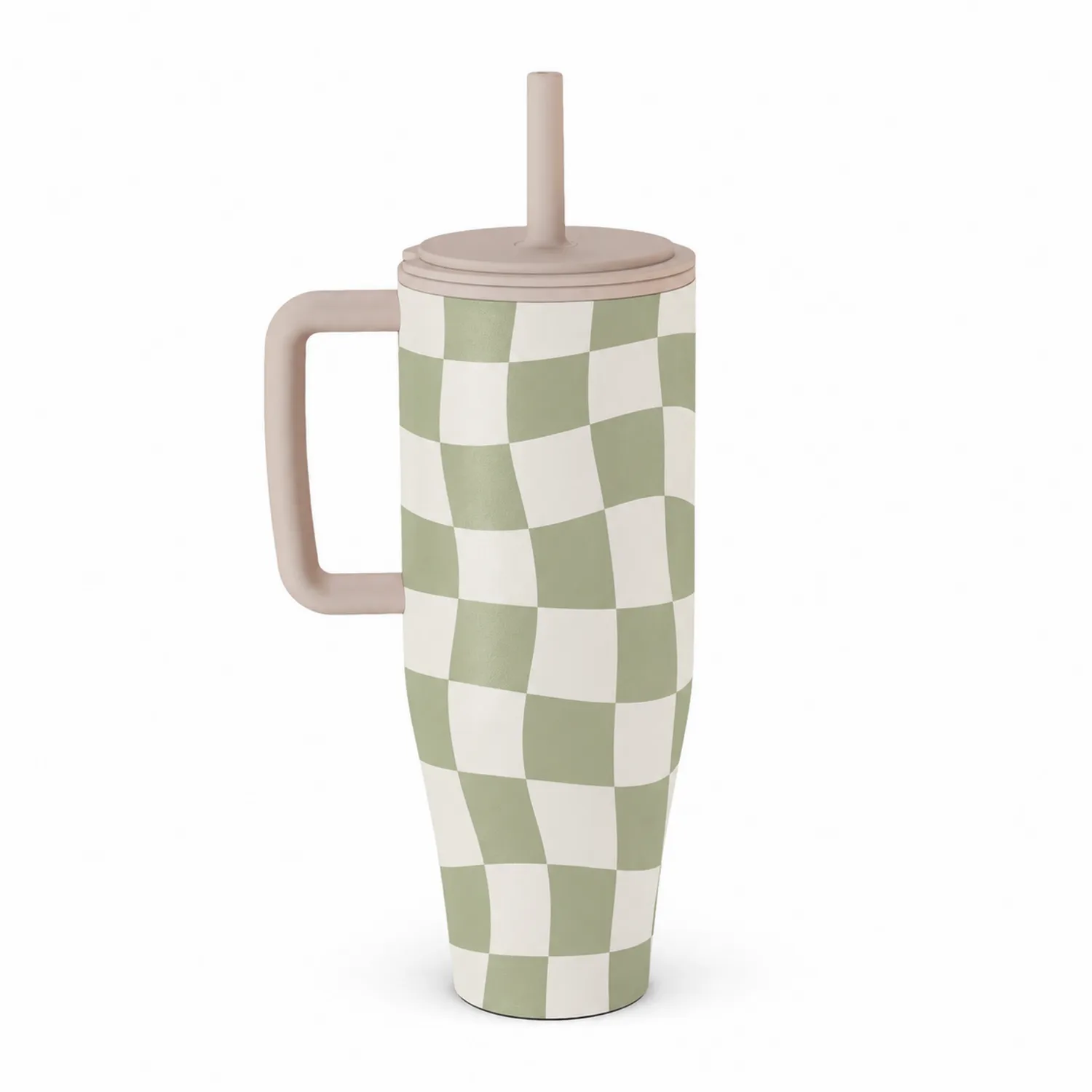 Schachbrett Trinkbecher mit Henkel und Strohhalm 470 ml Beige/Grün-Qiralume