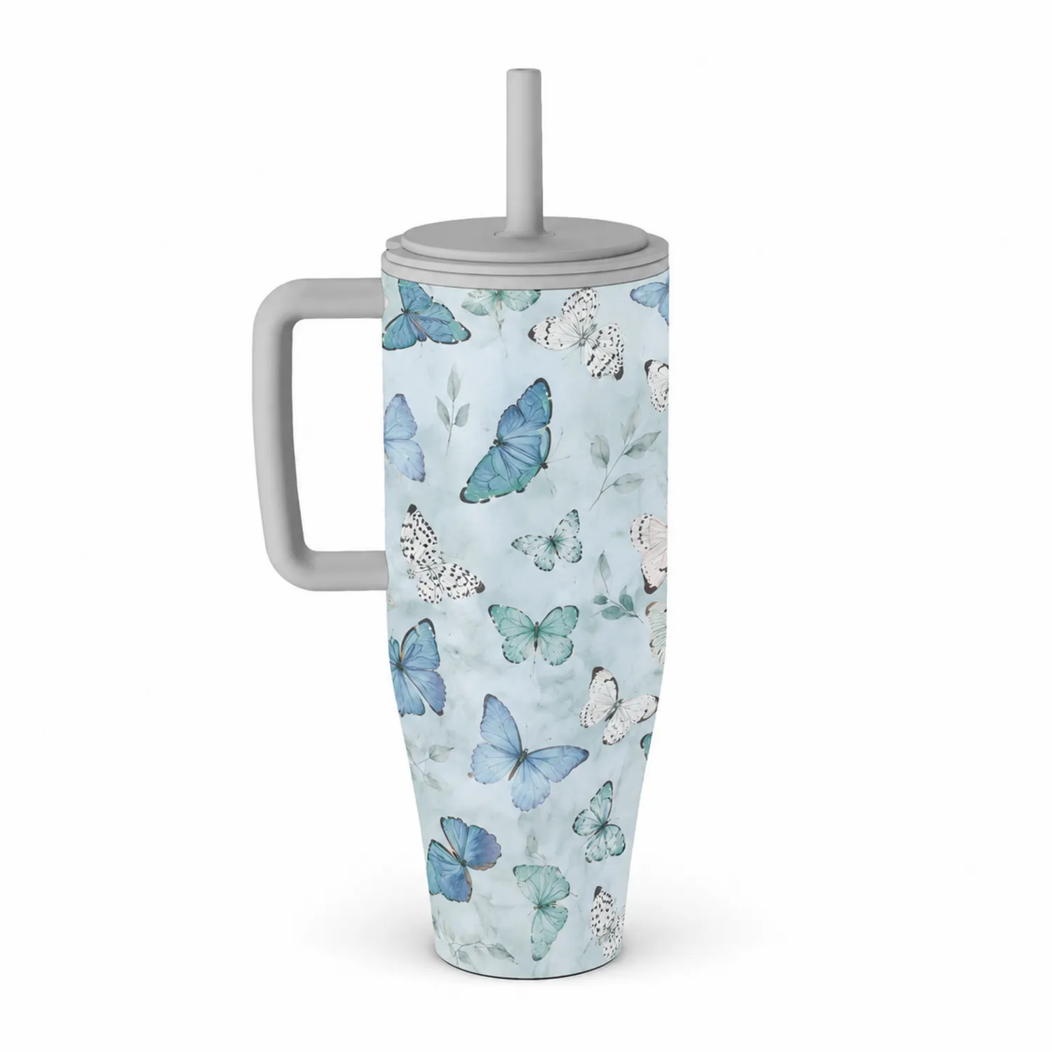 Thermobecher mit Griff Schmetterlingsmuster Blau und Hellgrau-Qiralume