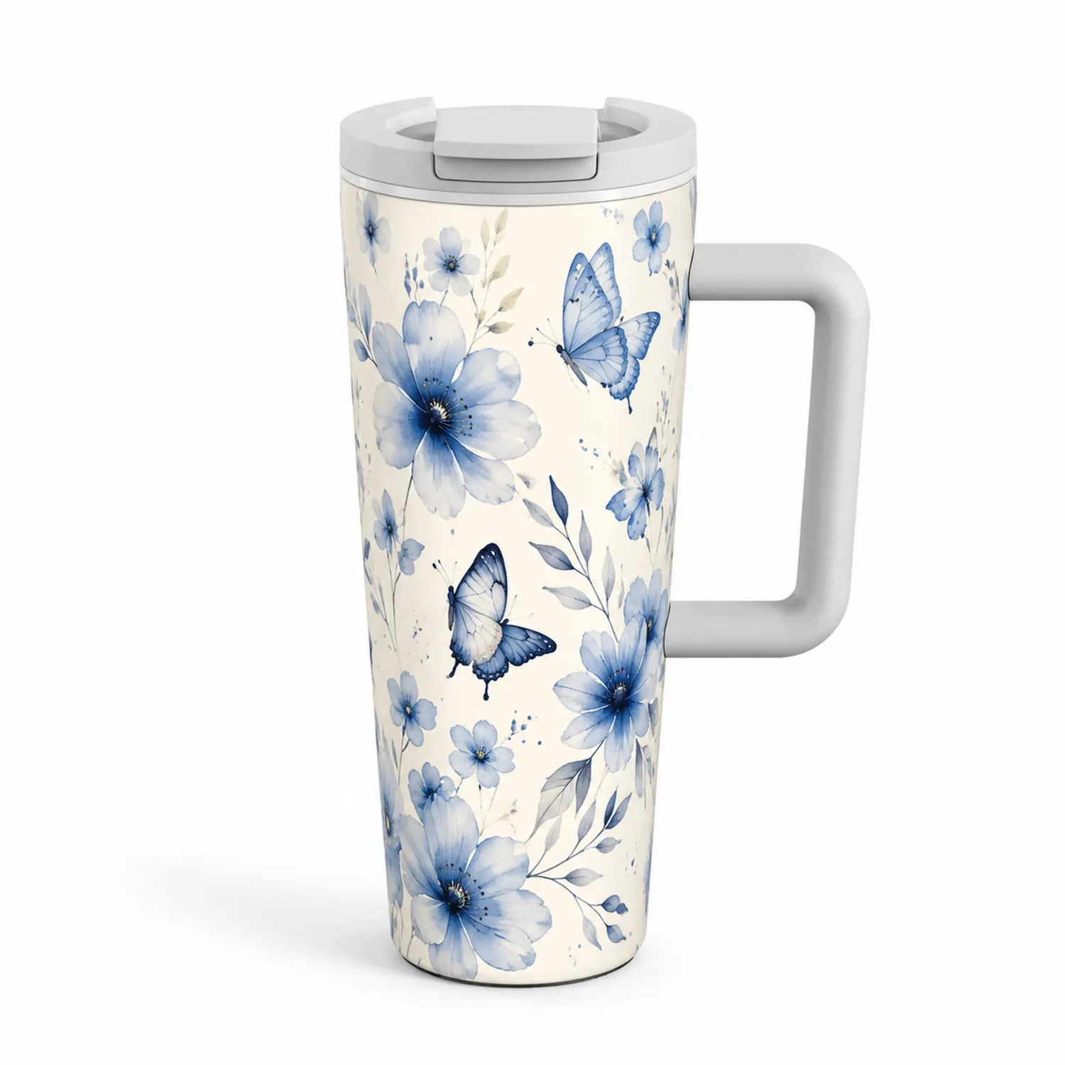 Reisebecher 400ml Blau Blumenmuster mit Schmetterling-Qiralume