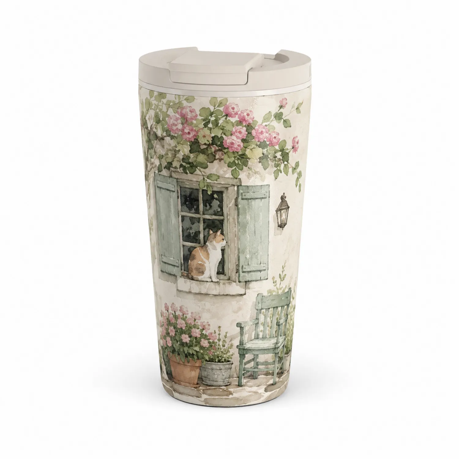 Isolierbecher 400ml mit Blumenmotiv Beige-Qiralume