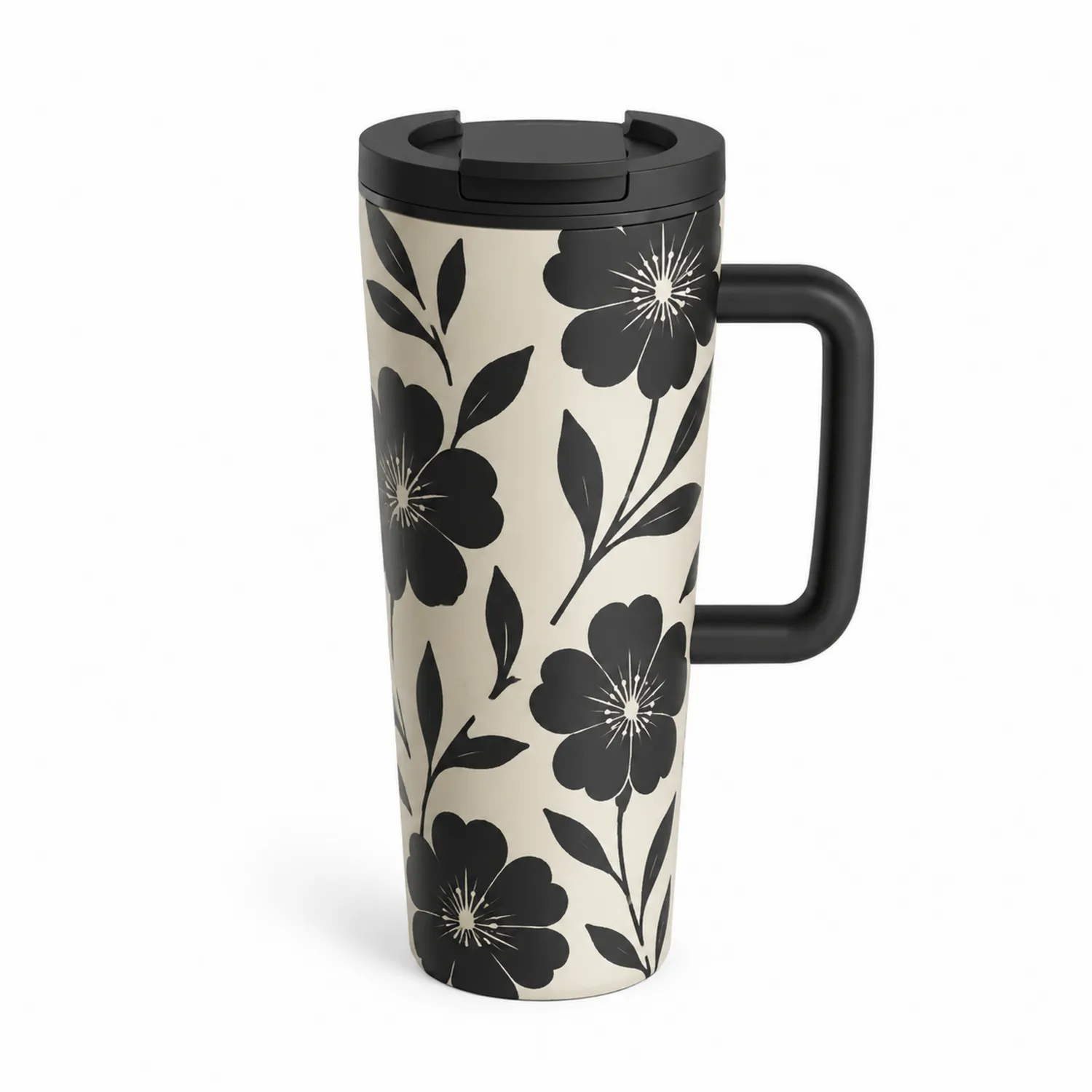 Blumenmuster Thermobecher mit Griff 450ml Schwarz/Beige-Qiralume