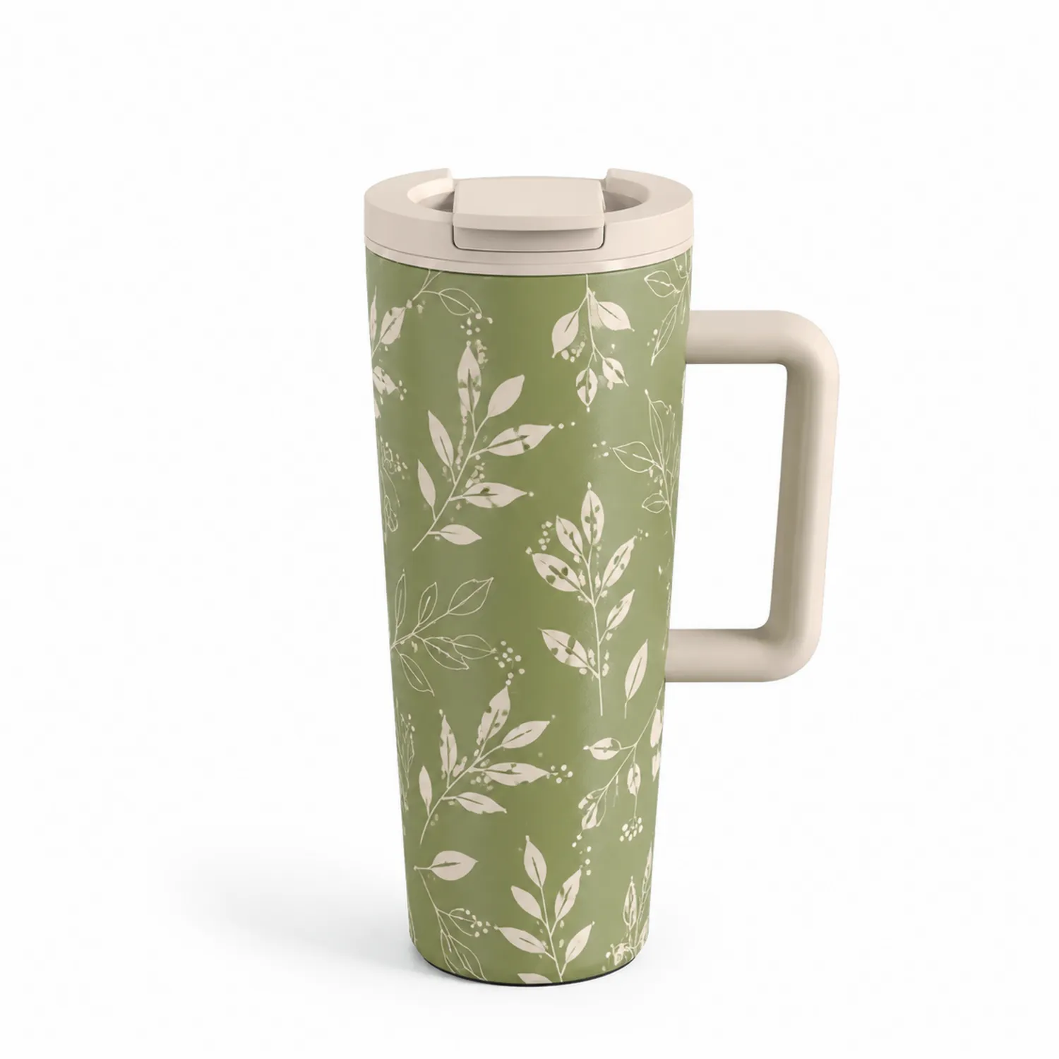 Thermobecher mit Griff und Blumenmuster 400ml Grün/Beige-Qiralume
