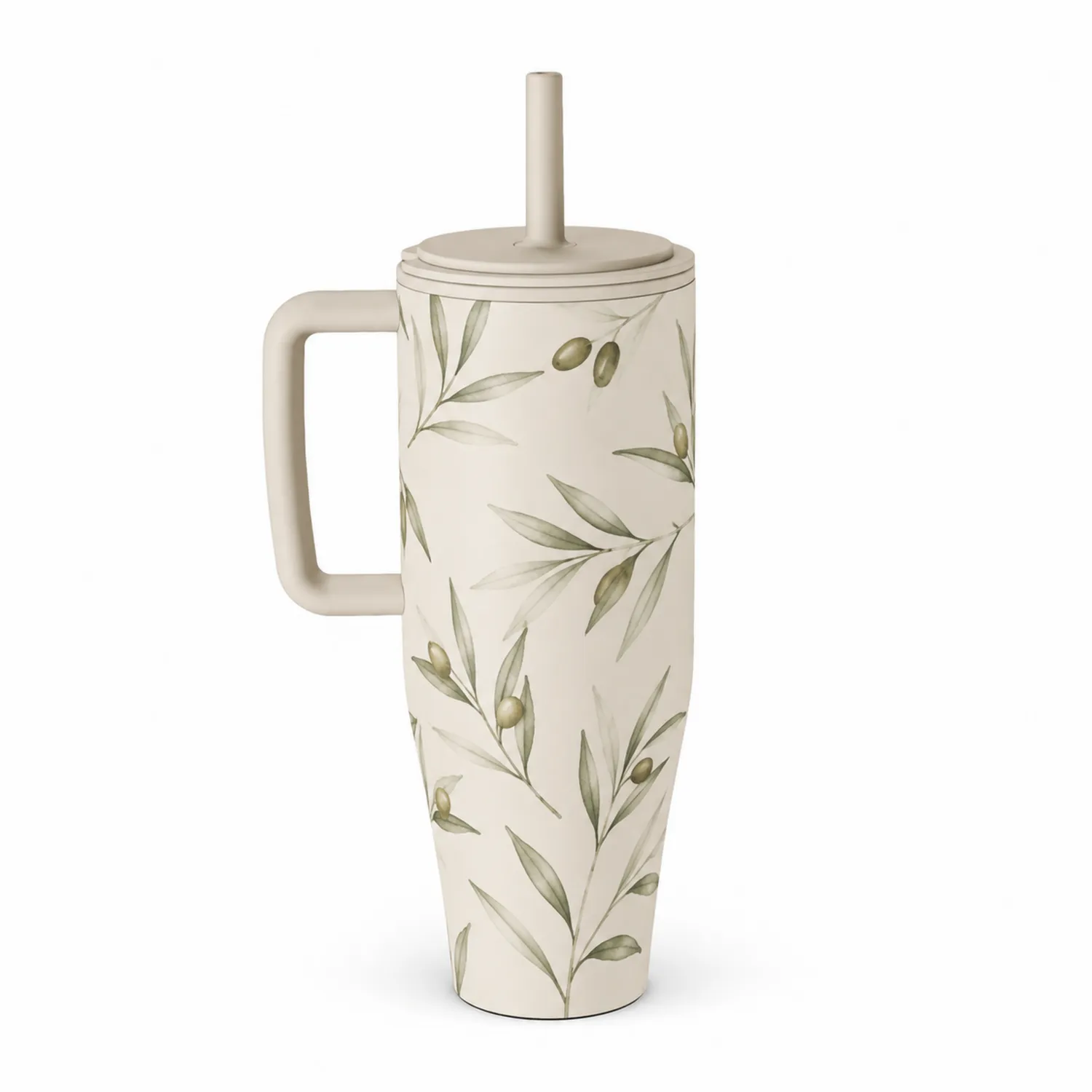 Keramik Trinkbecher mit Olivenmotiv und Strohhalm Beige/Grün-Qiralume