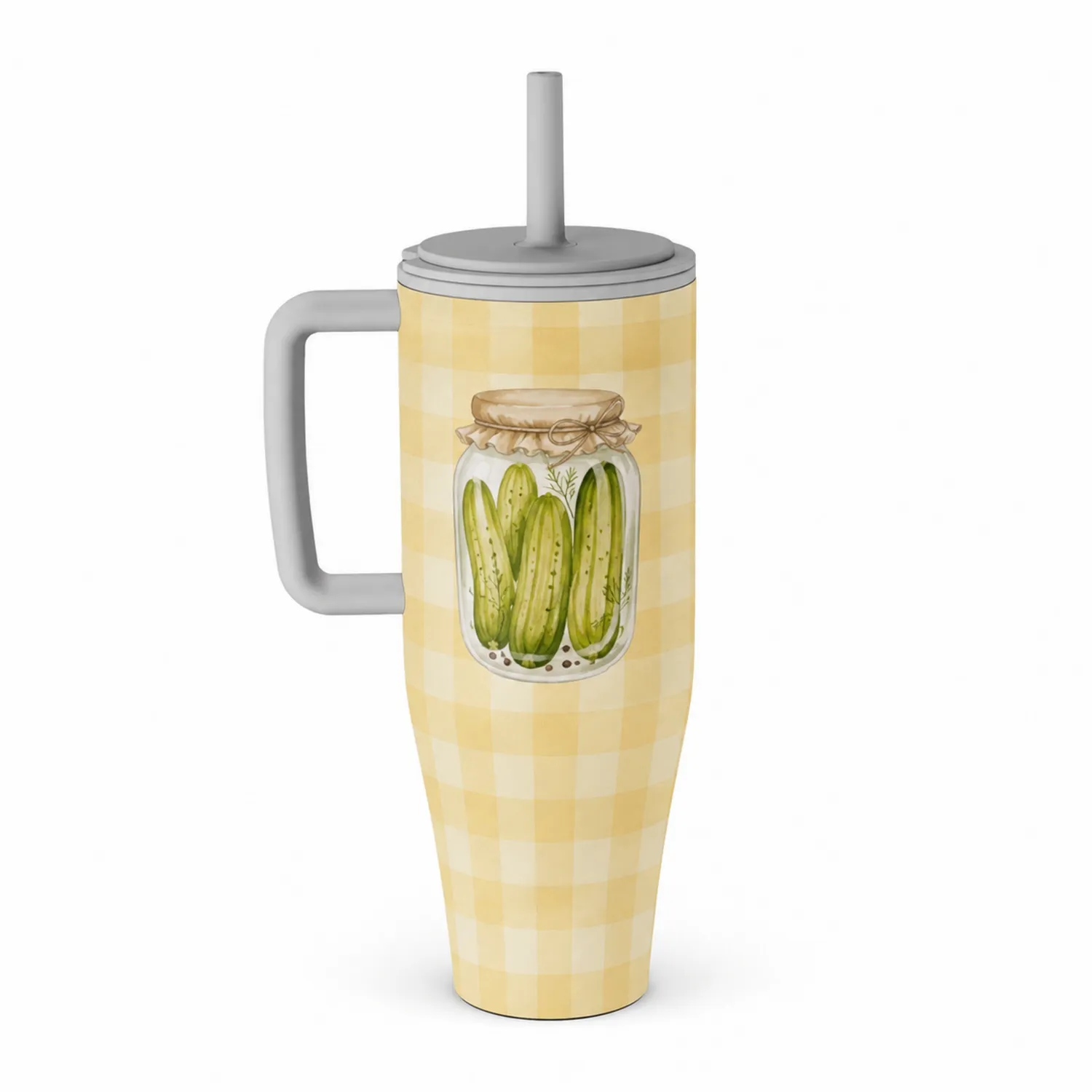 Trinkbecher mit Strohhalm und Griff 710 ml Kariertes Gelb-Qiralume