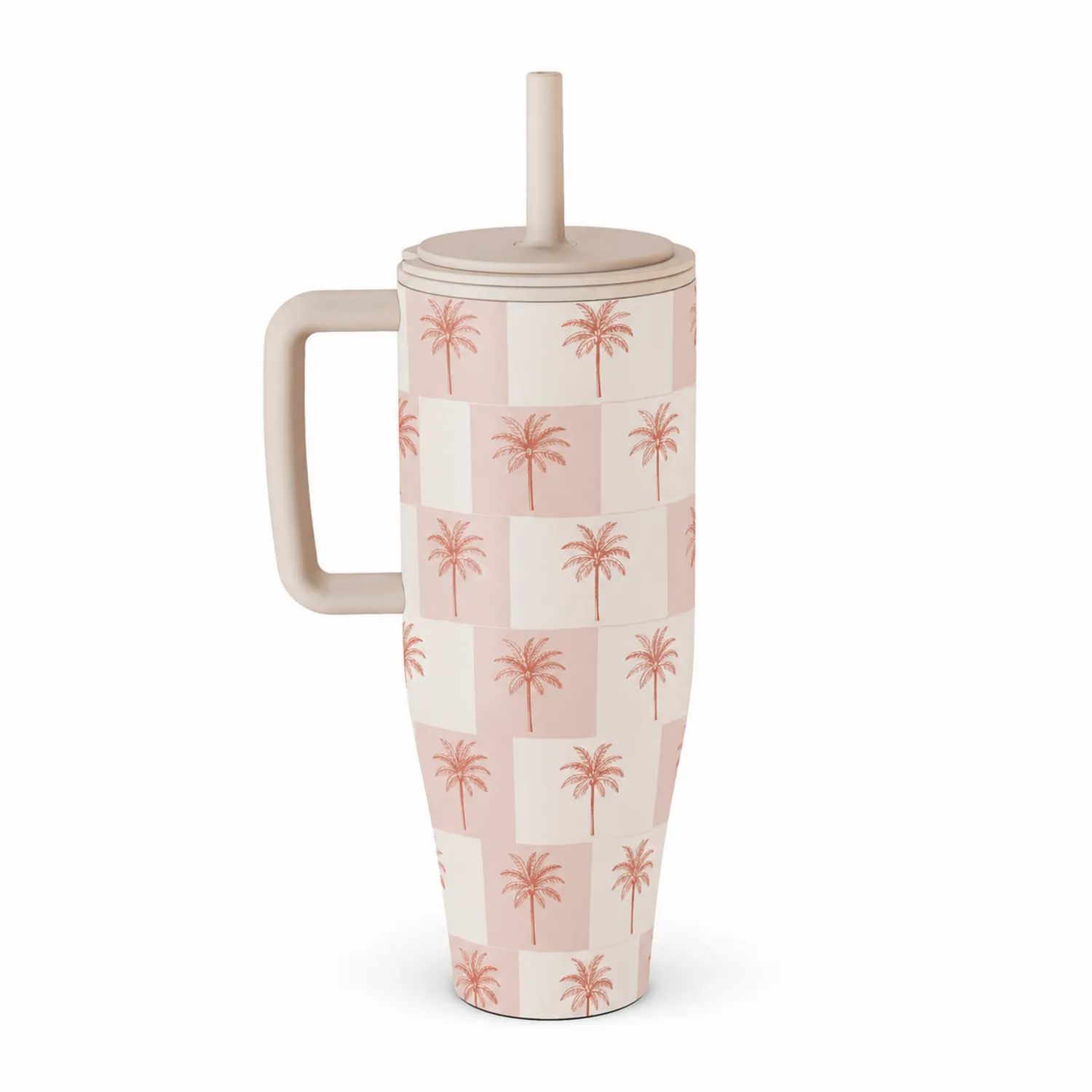 Thermobecher mit Palmenmuster in Rosa und Beige-Qiralume
