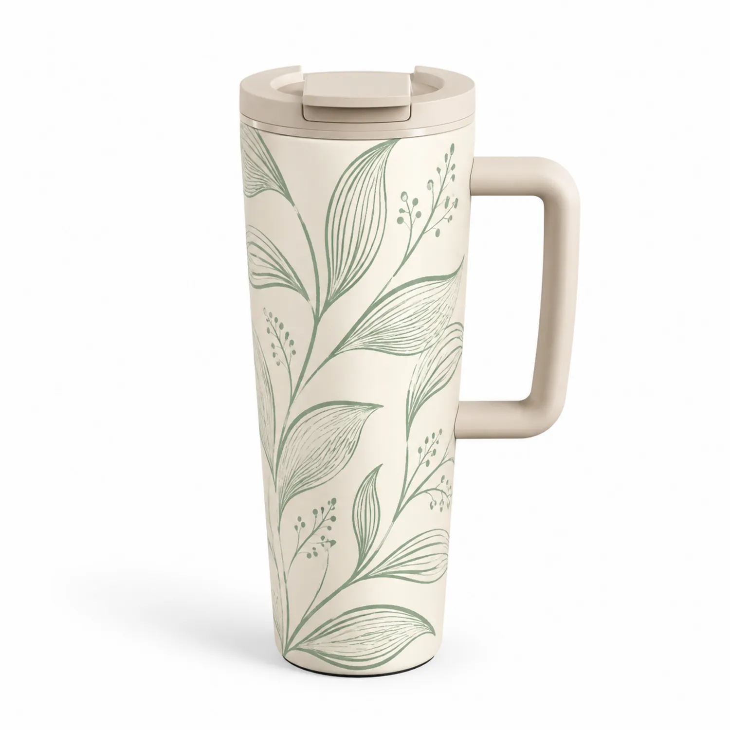 Thermobecher mit Griff 500ml Beige mit Grünem Muster-Qiralume