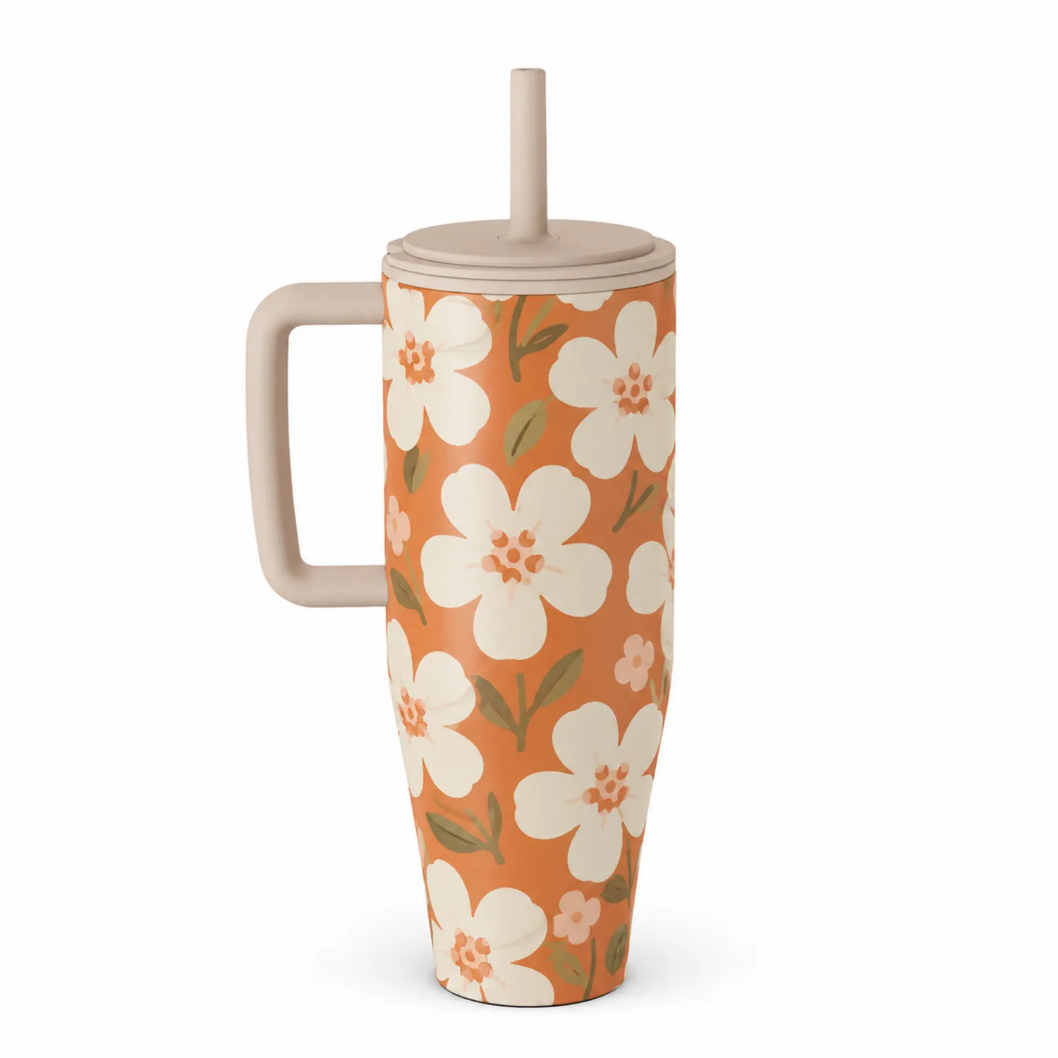 Blumenthermotasse mit Strohhalm 500ml Orange/Weiß-Qiralume