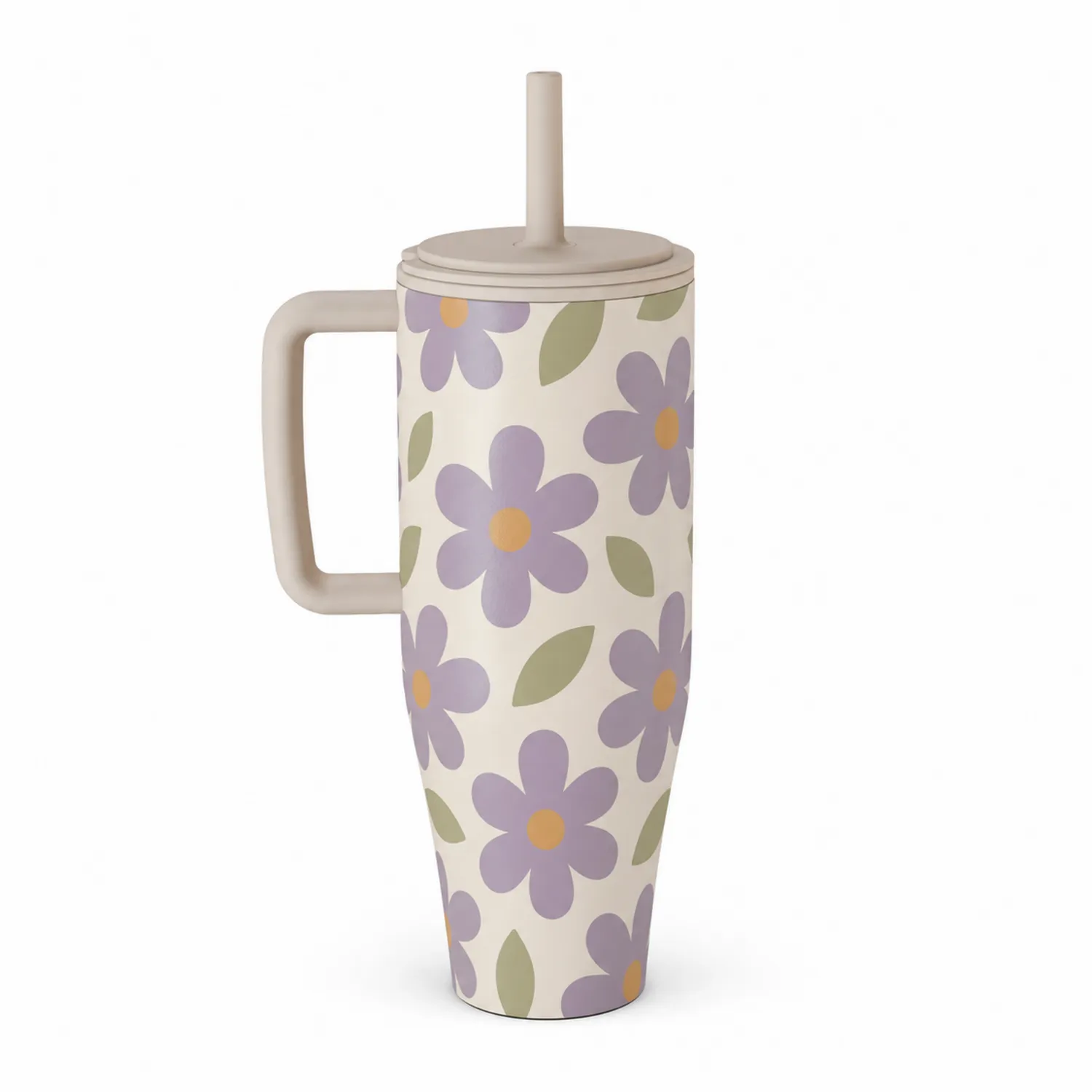 Thermobecher mit Blumenmuster und Strohhalm, Beige/Lila/Grün, 500 ml-Qiralume