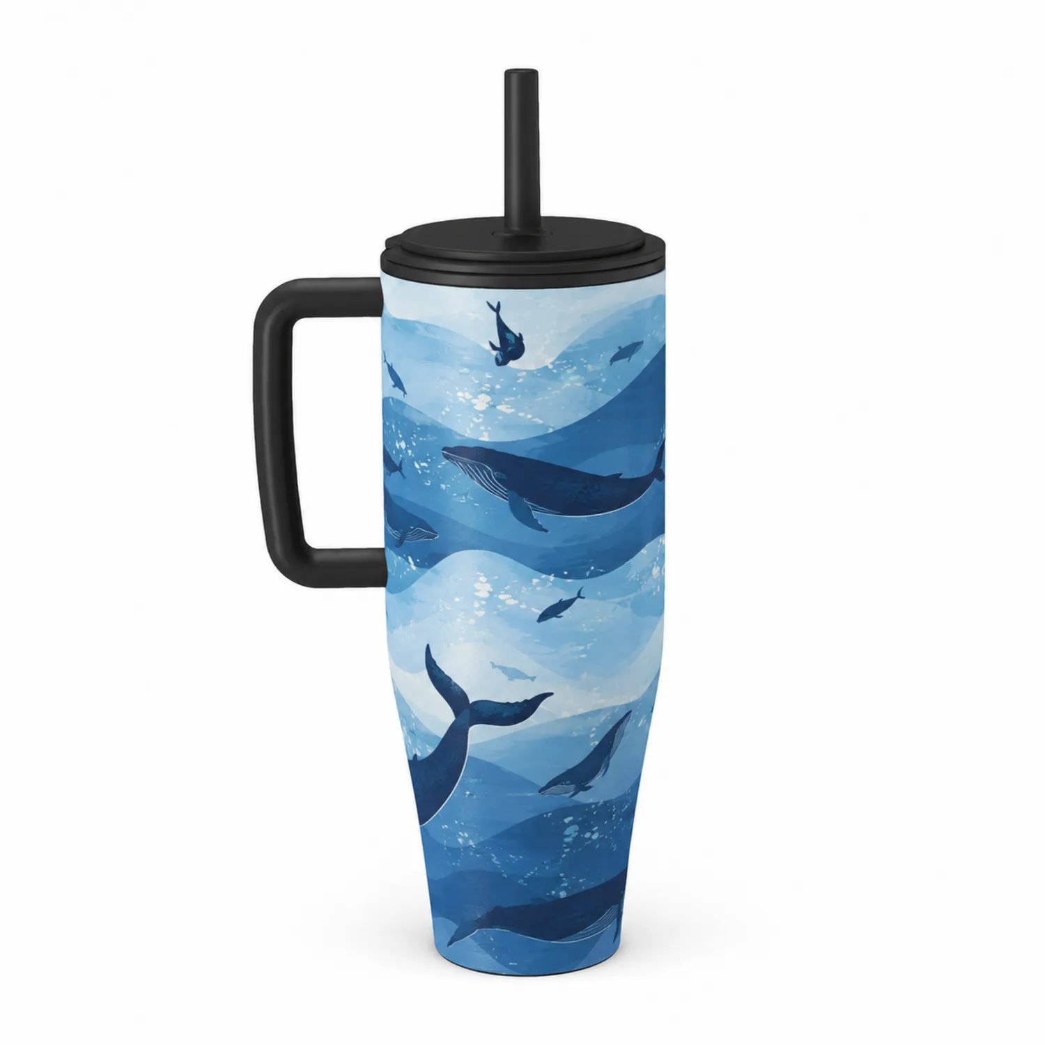Thermobecher mit Griff und Strohhalm Wal-Design 500ml-Qiralume