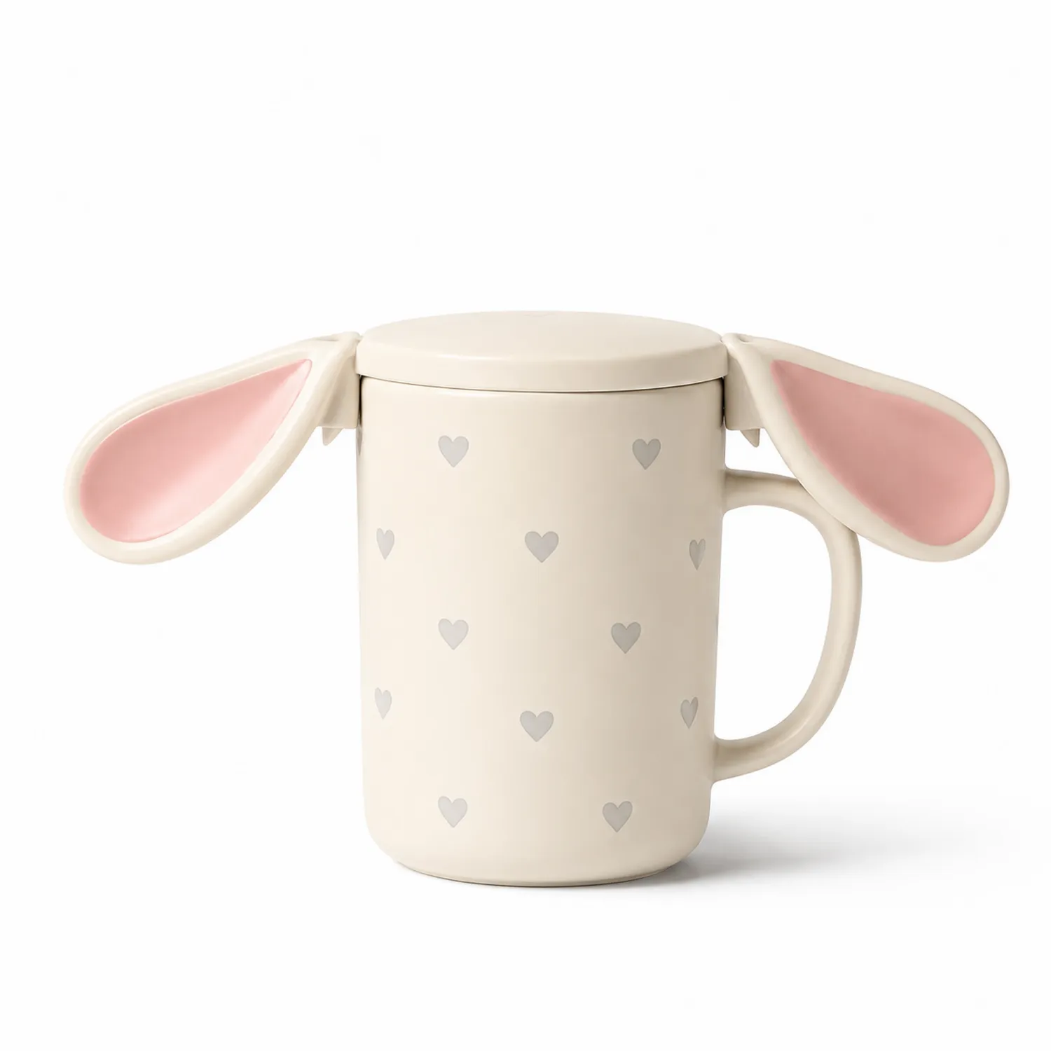 Keramiktasse Beige/Pink mit Herzmuster und Ohren-Deckel-Qiralume