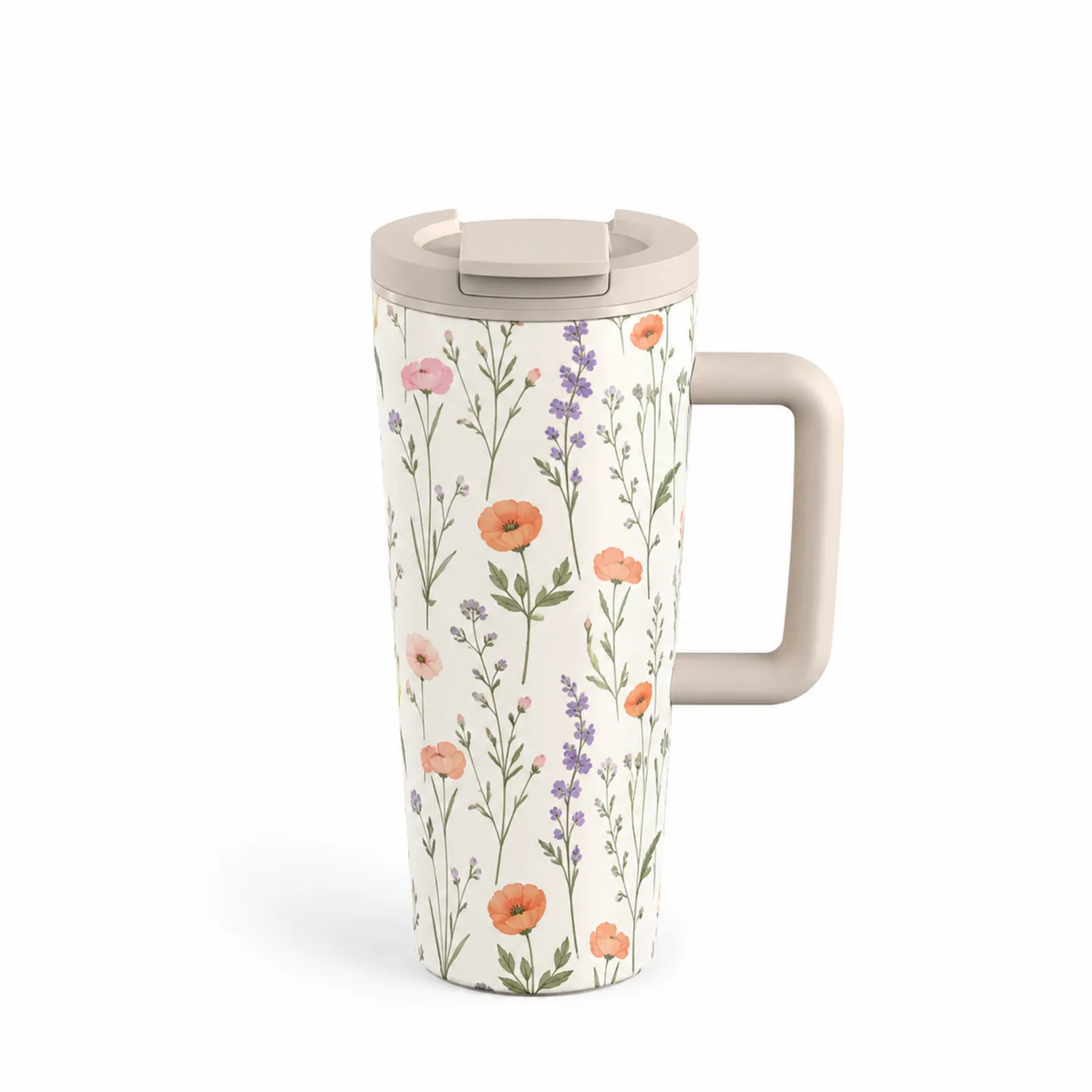 Thermobecher mit Blumenmuster und Henkel, Weiß-Qiralume
