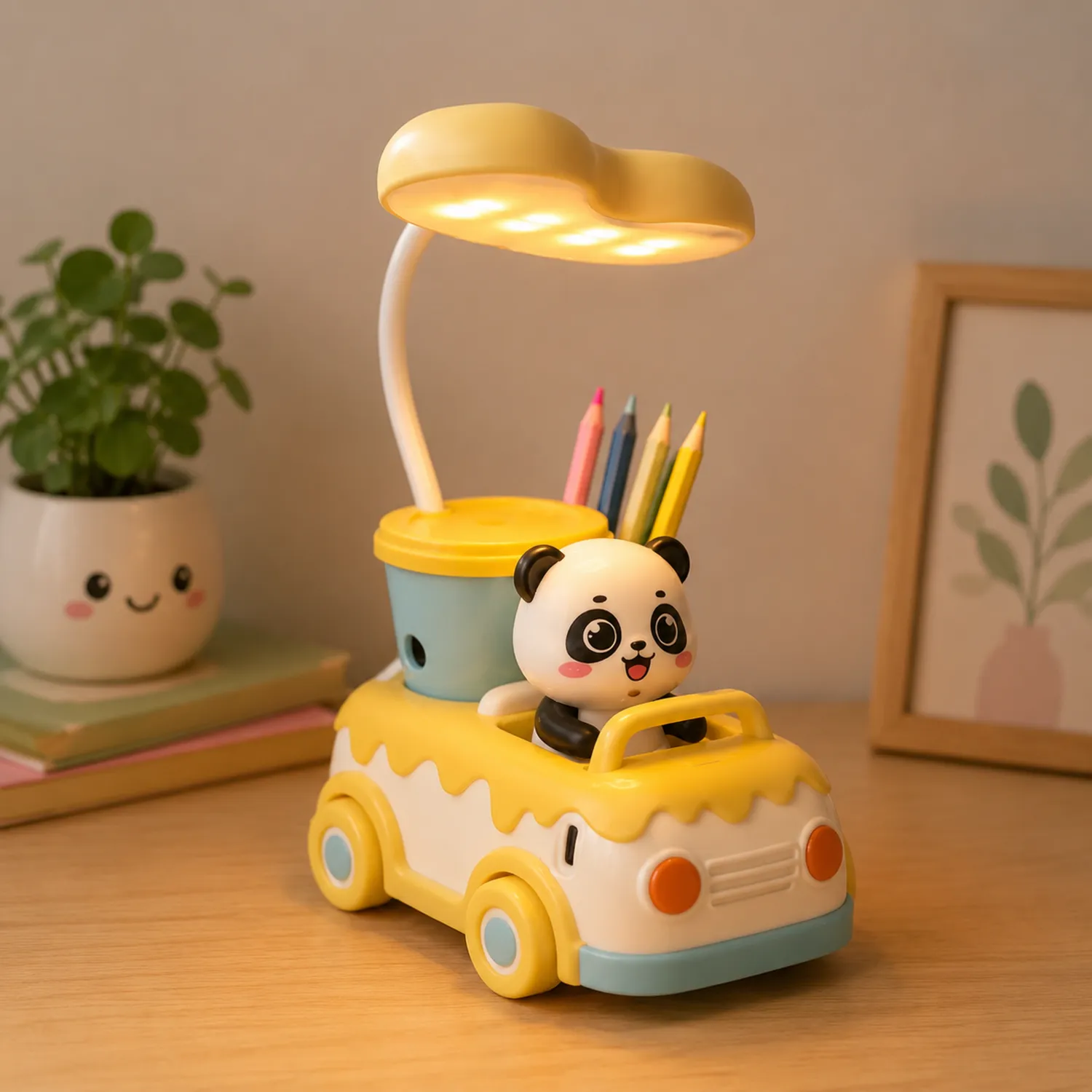 Lámpara de Escritorio Infantil LED con Diseño de Coche y Panda, Luz Nocturna Amarillo y Azul
