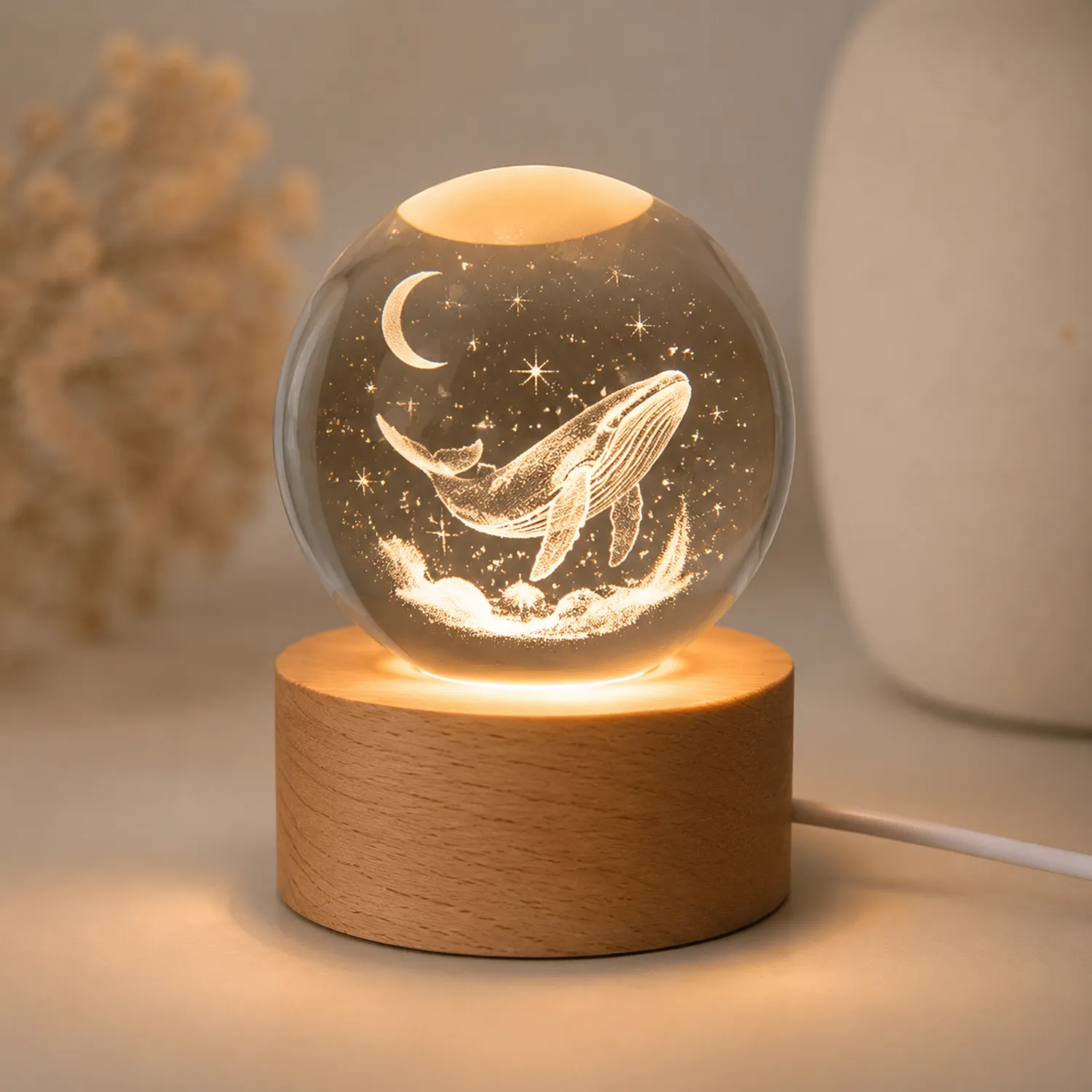 Lámpara Nocturna de Cristal con Diseño de Ballena