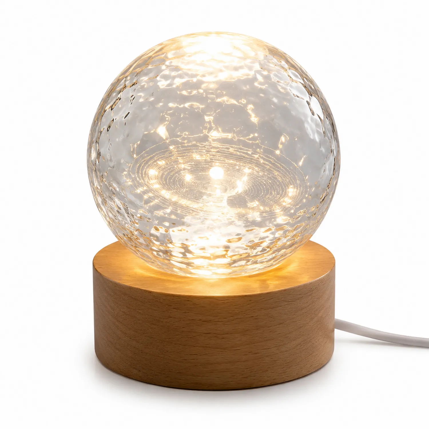 Lámpara de Mesa Esférica LED Luz Cálida con Base de Madera