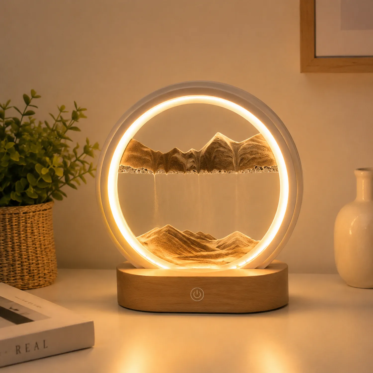 Lámpara de arena LED con control táctil, luz ajustable, madera y blanco