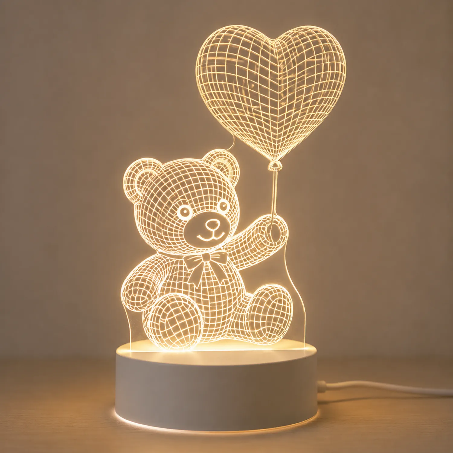Lámpara LED 3D Oso con Globo Corazón Luz Nocturna Blanca Cálida