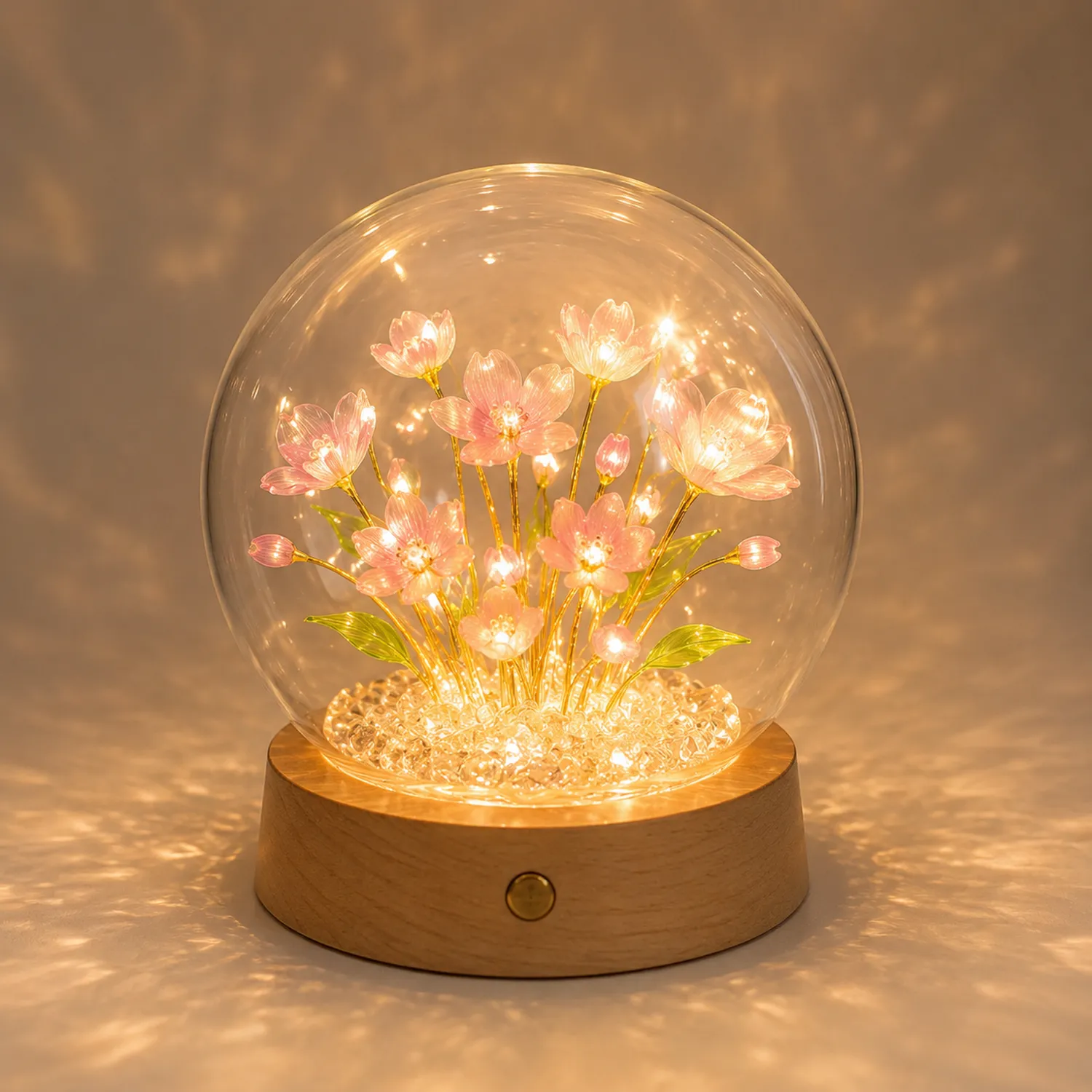 Lámpara de Mesa LED Flor Rosa con Base de Madera