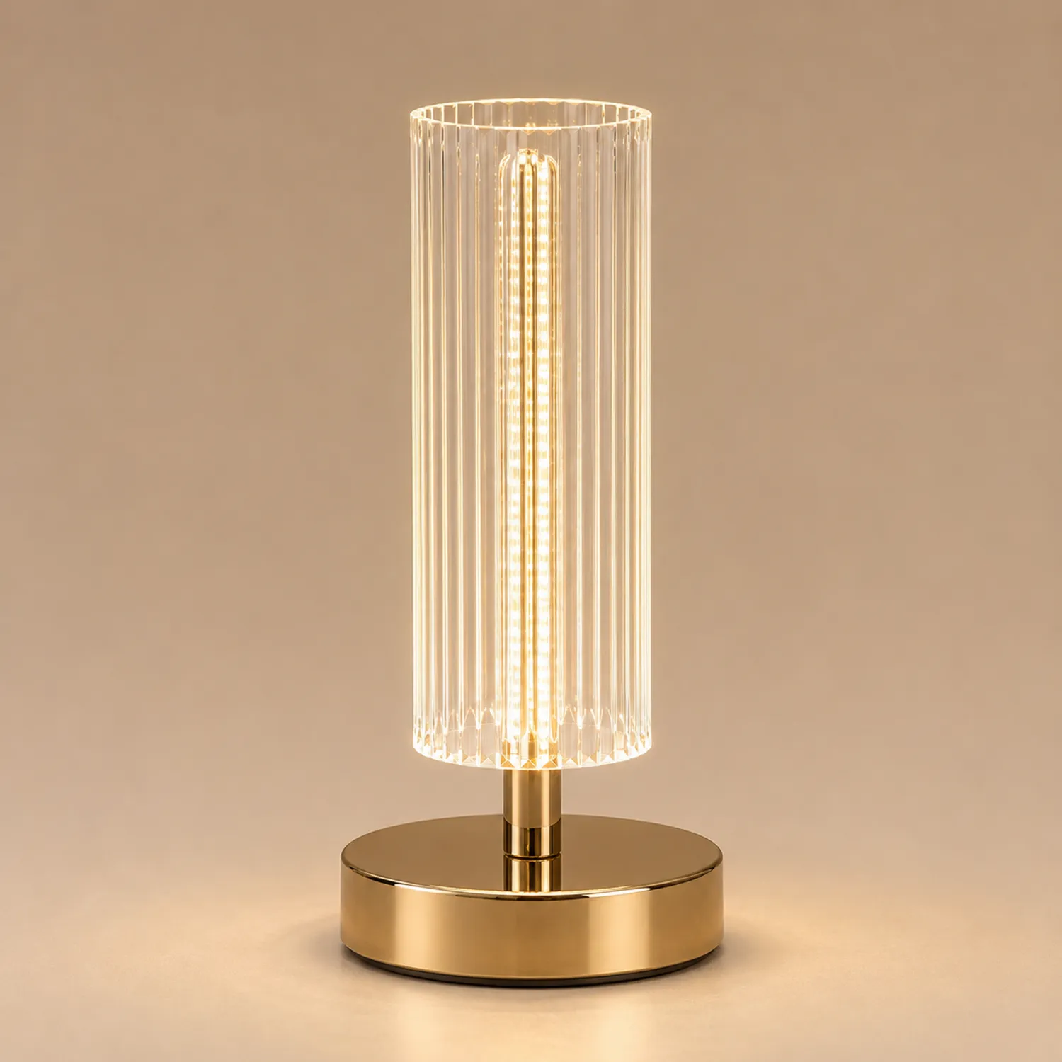 Lámpara de Mesa LED Dorada de Cristal Estriado