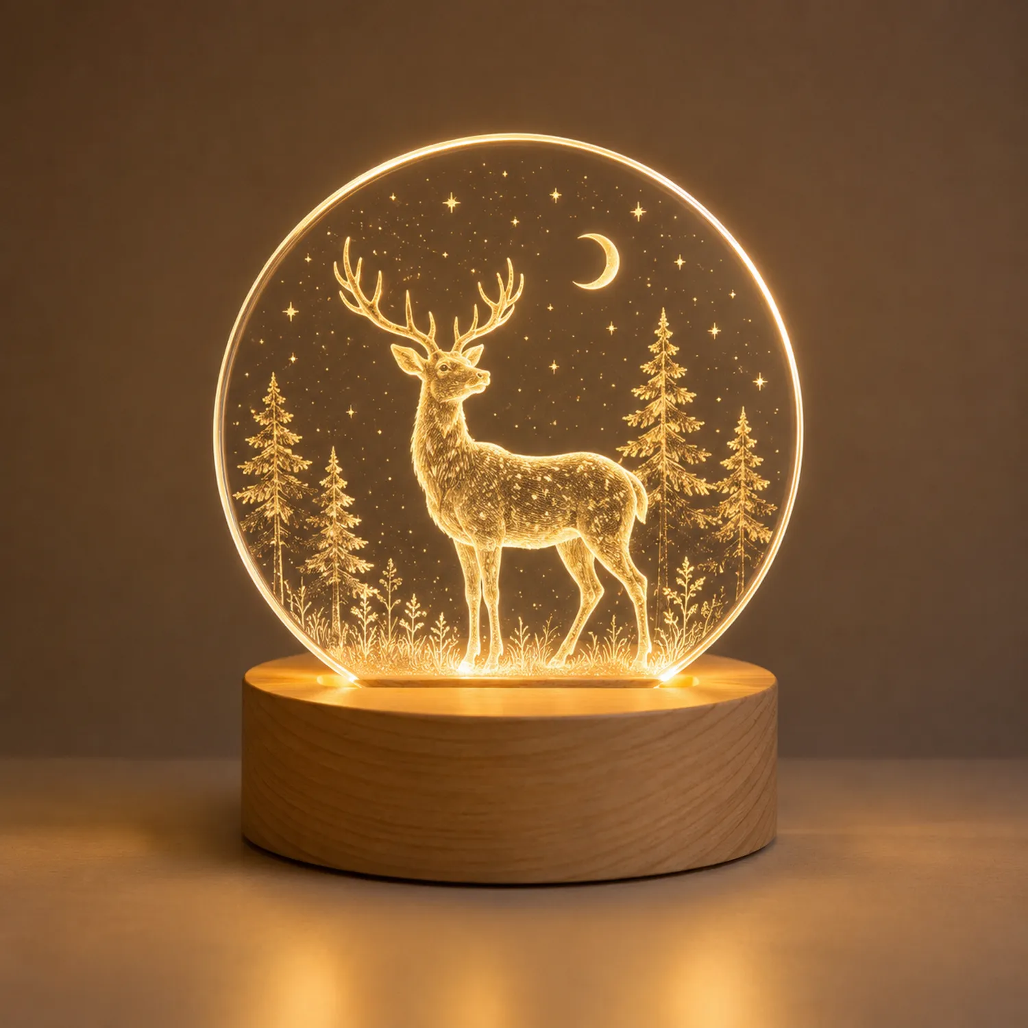 Lámpara LED Decorativa de Ciervo con Luz Cálida y Base de Madera
