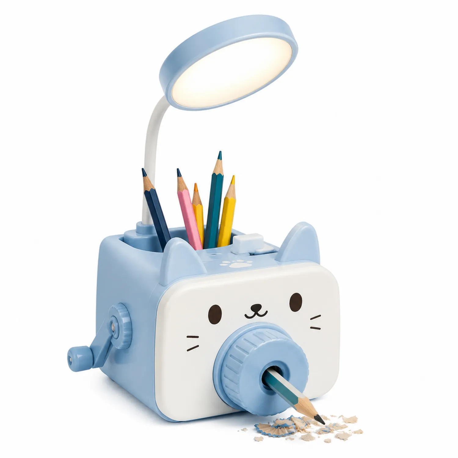 Sacapuntas Manual con Luz LED y Porta Lápices Azul