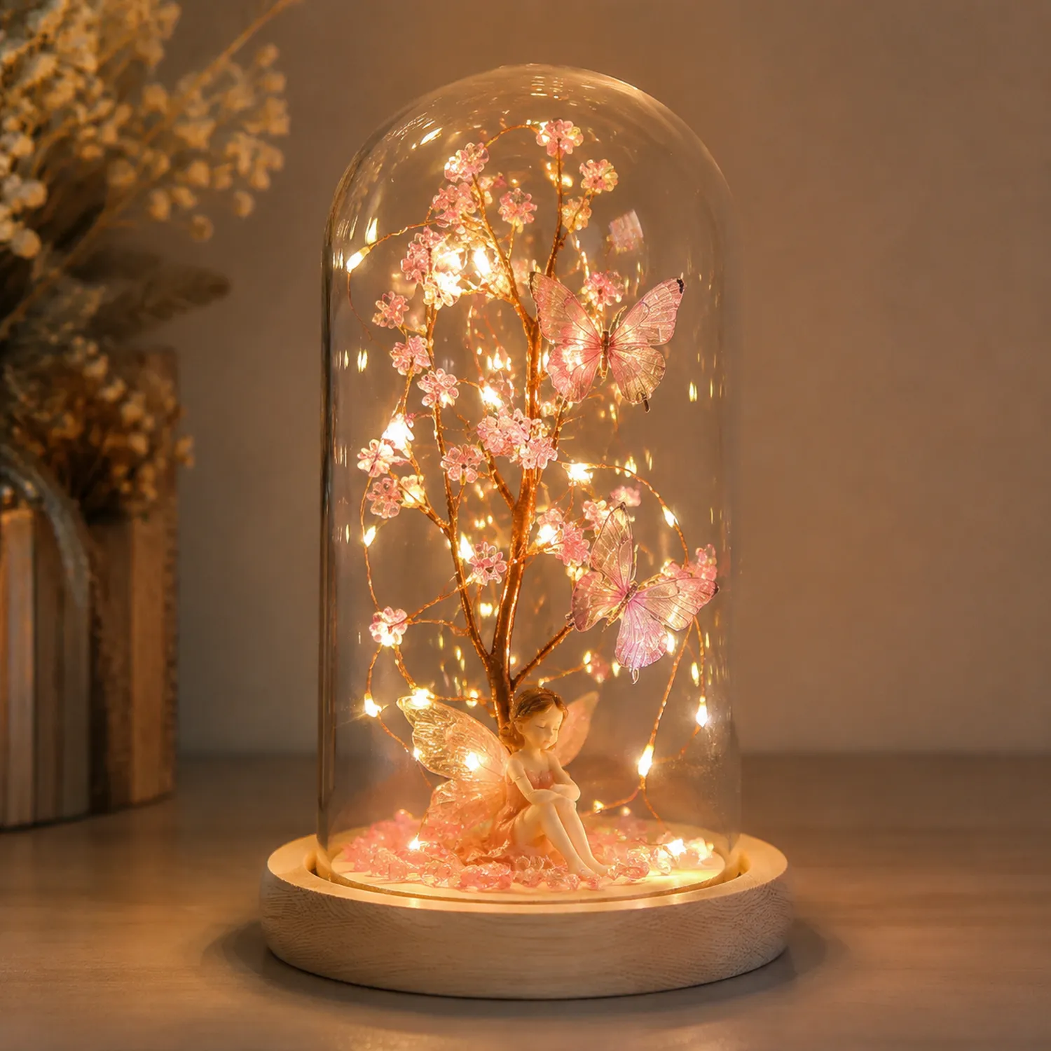 Lámpara Decorativa Hada LED con Mariposas y Flores bajo Cúpula de Vidrio, Luz Cálida Rosa
