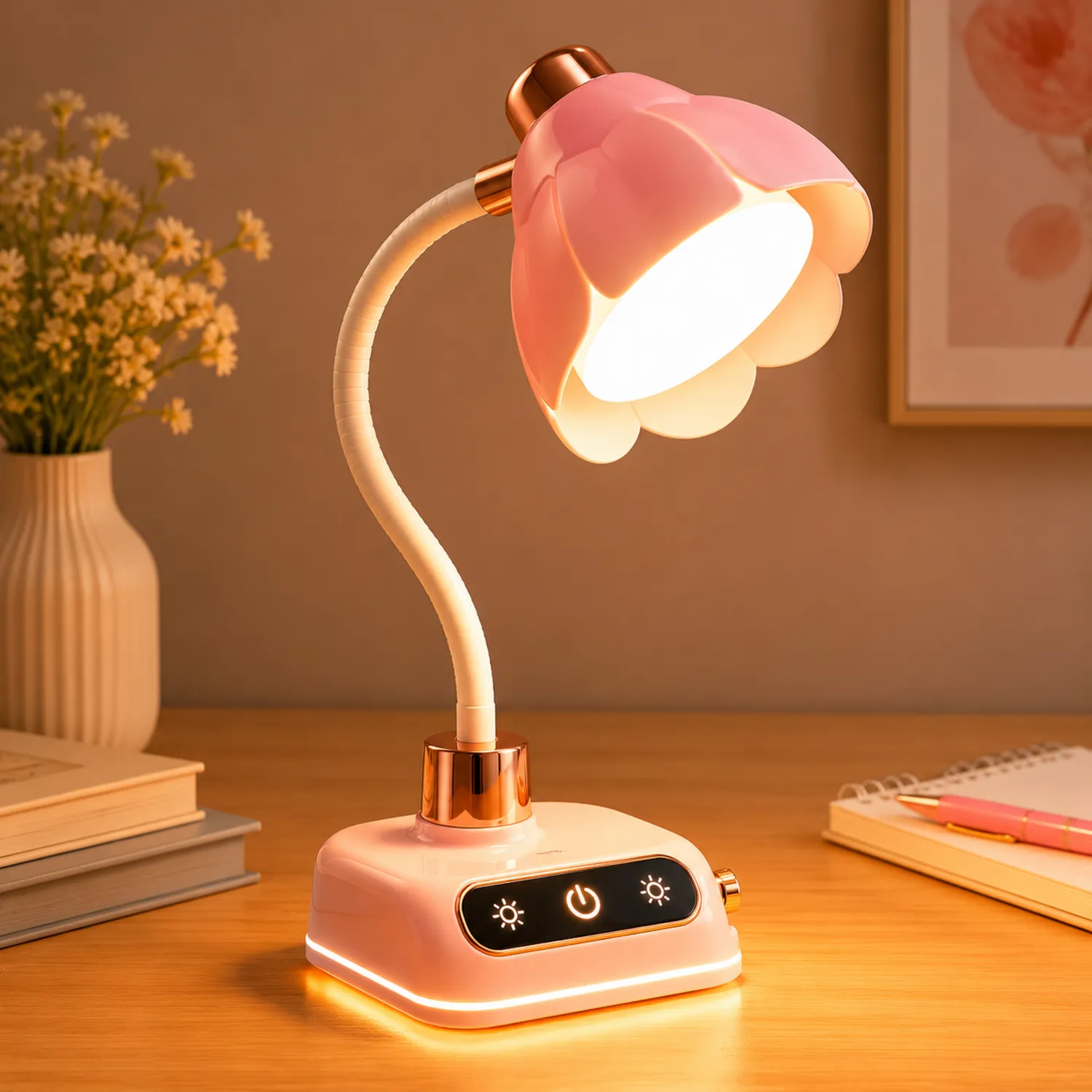 Lámpara de Escritorio LED Rosa con Control Táctil y Brillo Ajustable