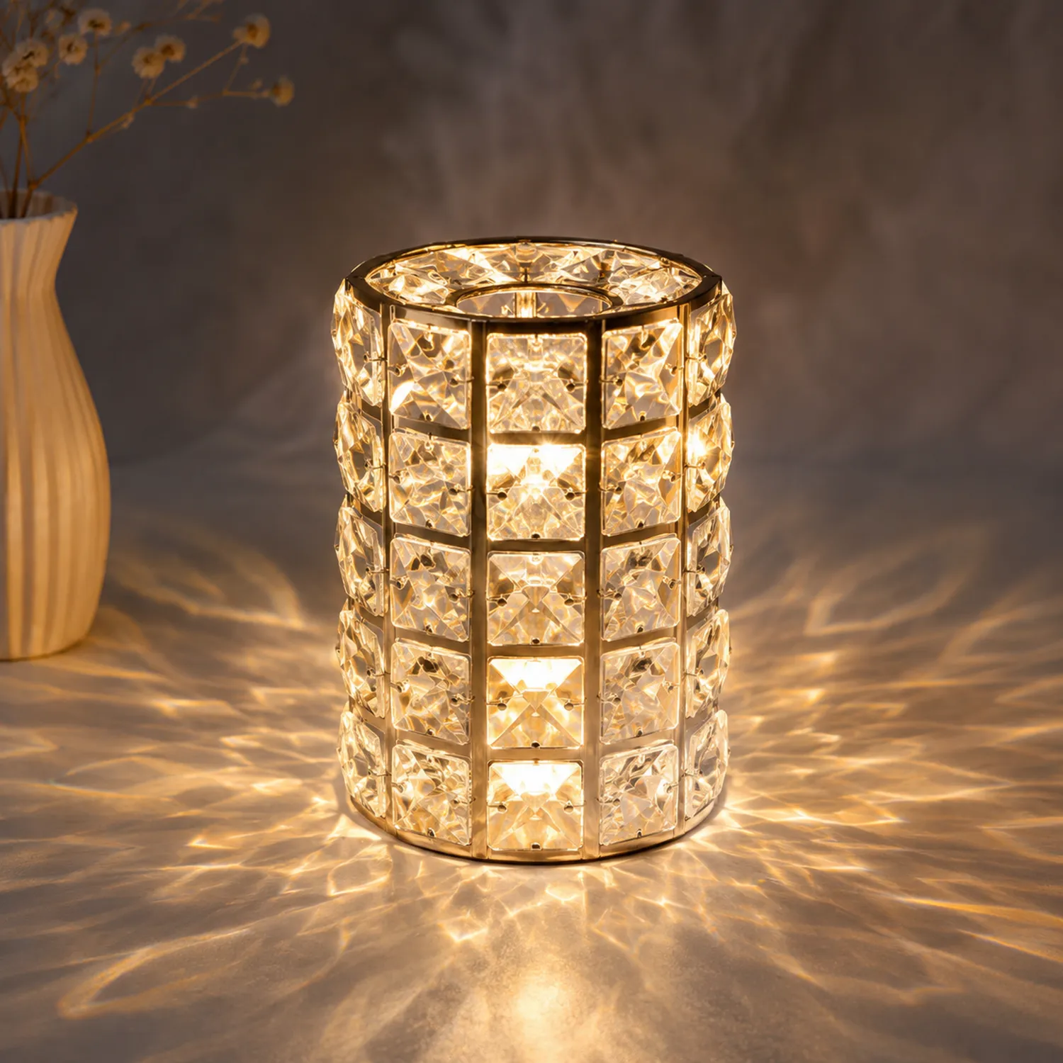 Lámpara de mesa LED decorativa de cristal cilíndrica cálida