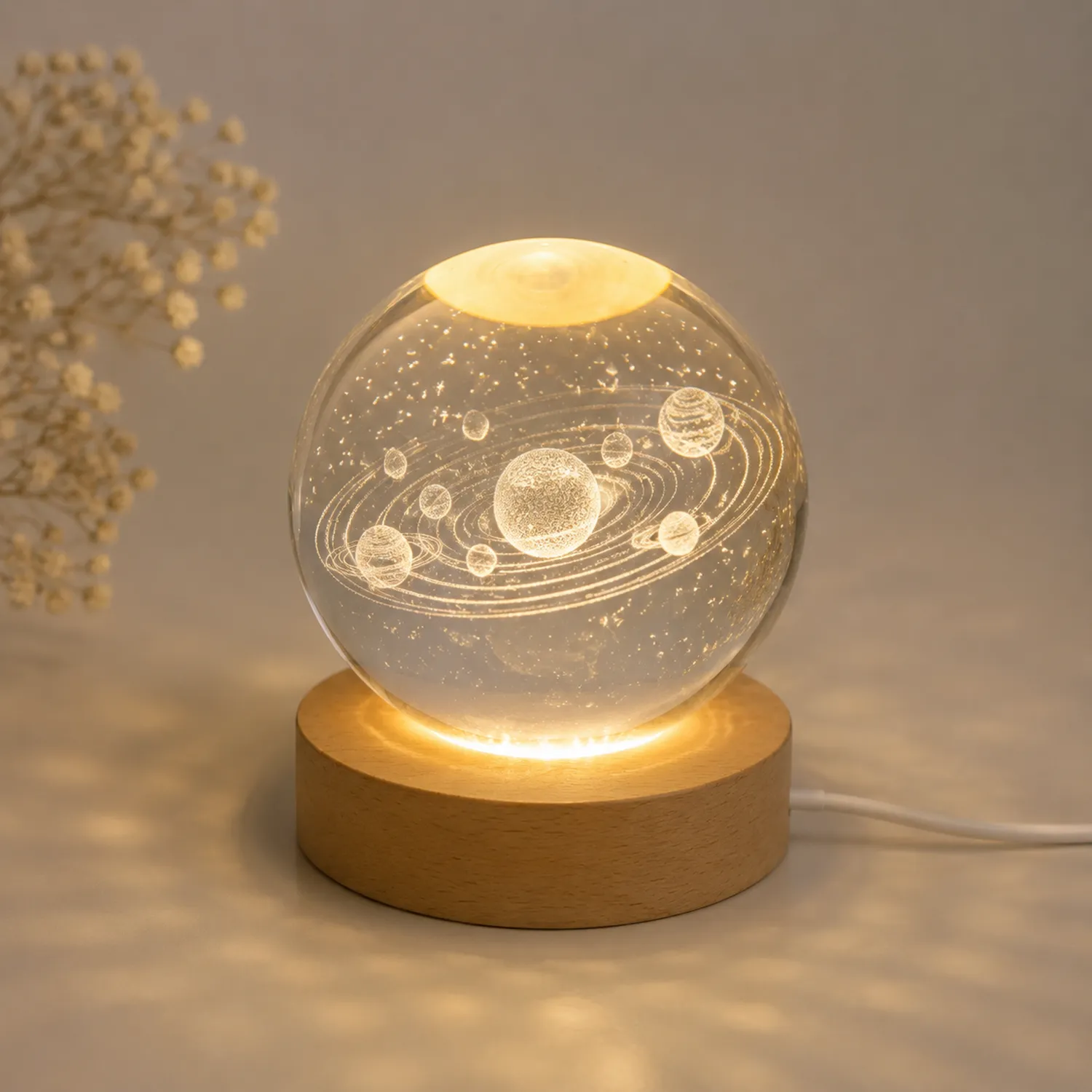 Lámpara Nocturna Esférica 3D Sistema Solar con Base de Madera