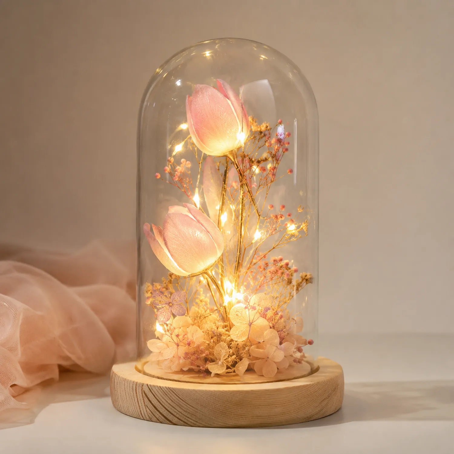 Lámpara de Mesa LED con Flores Rosas y Base de Madera