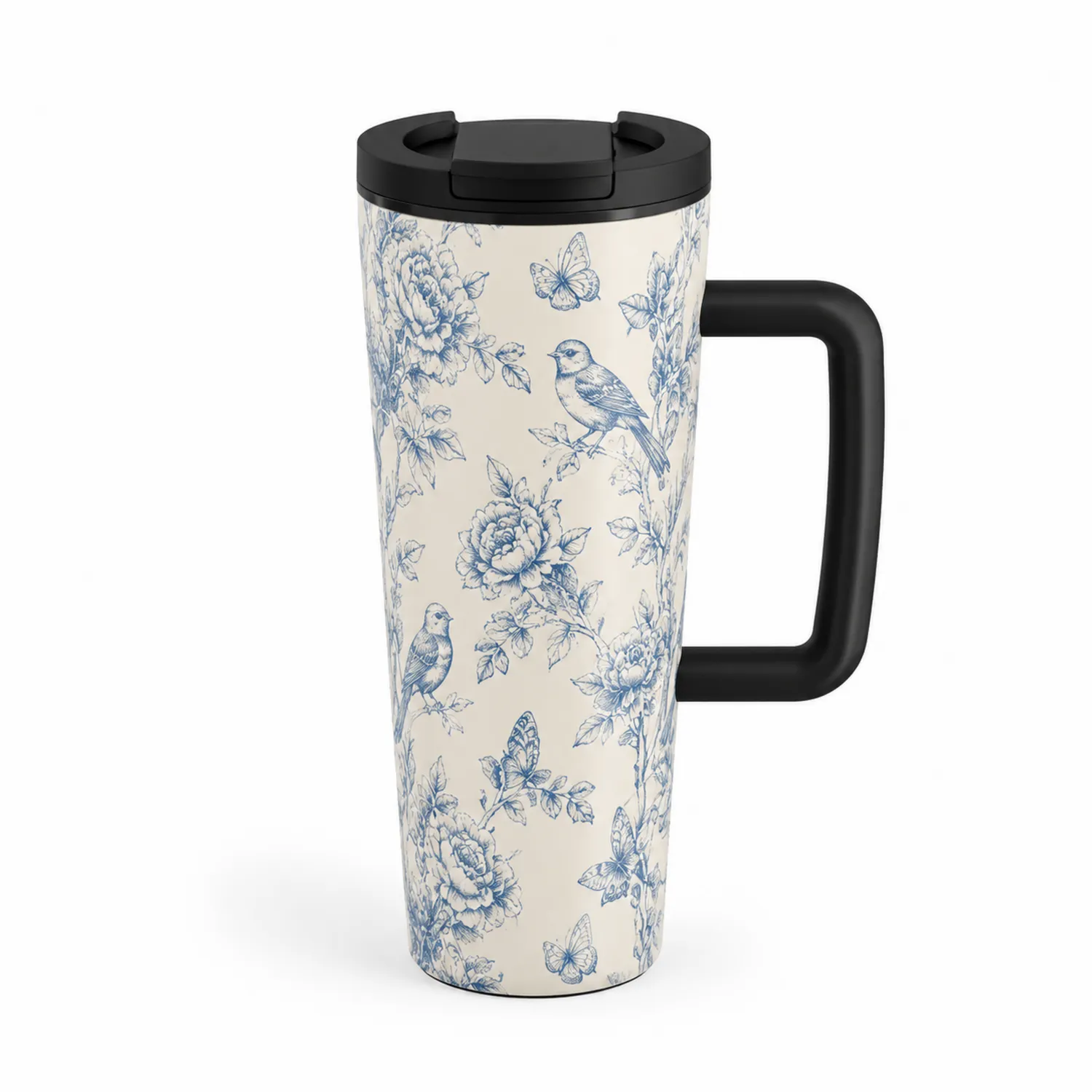 Taza Térmica con Asa y Diseño Floral Azul y Blanco