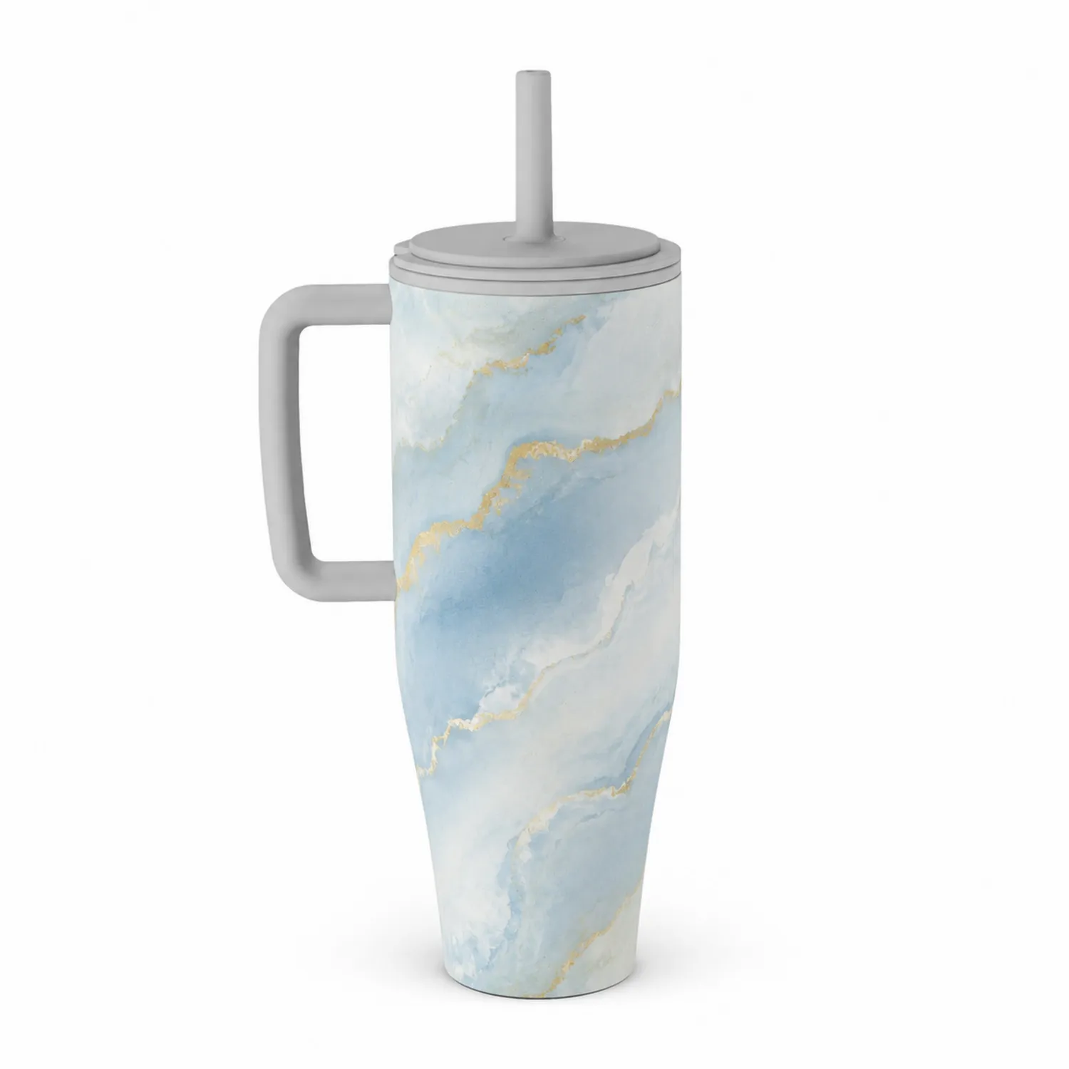 Taza térmica de 700ml con diseño mármol azul y pajita