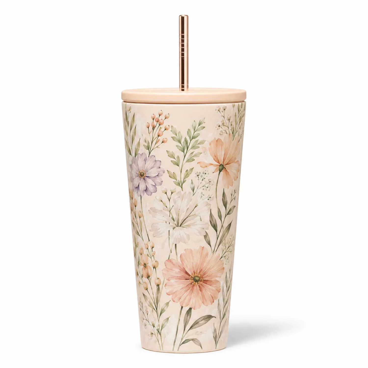 Vaso Térmico Floral Beige con Tapa y Pajita 500ml