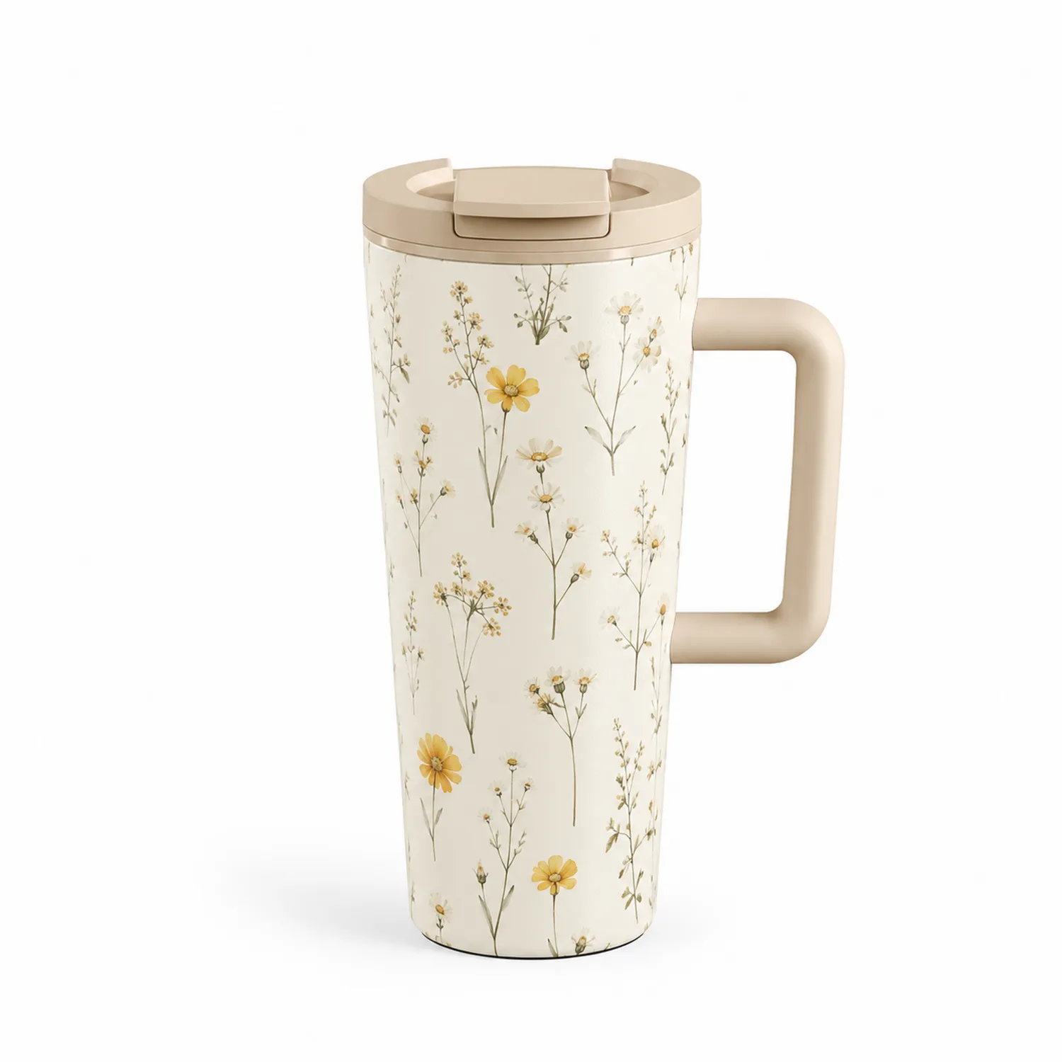 Taza Térmica de Viaje con Asa y Diseño Floral 450ml Beige