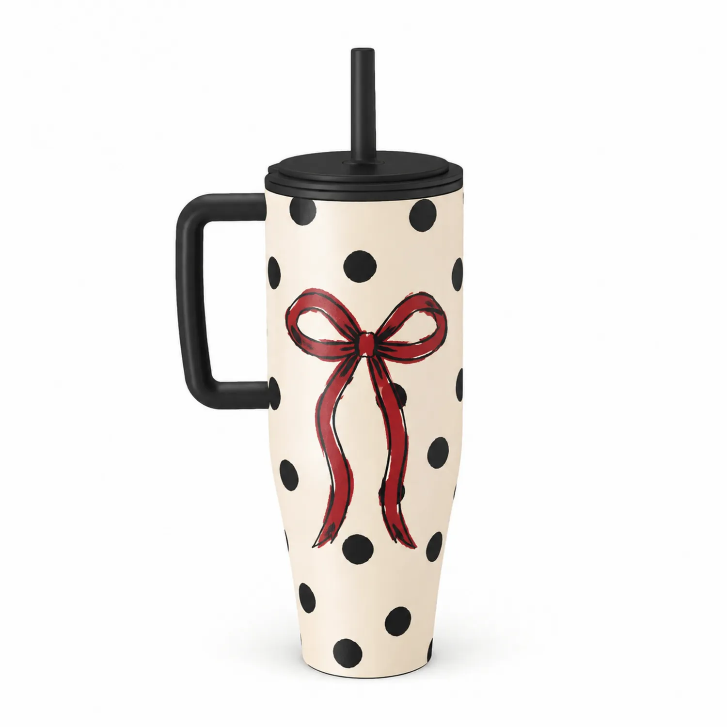 Taza Térmica con Asa, Pajita y Diseño de Lunares y Lazo