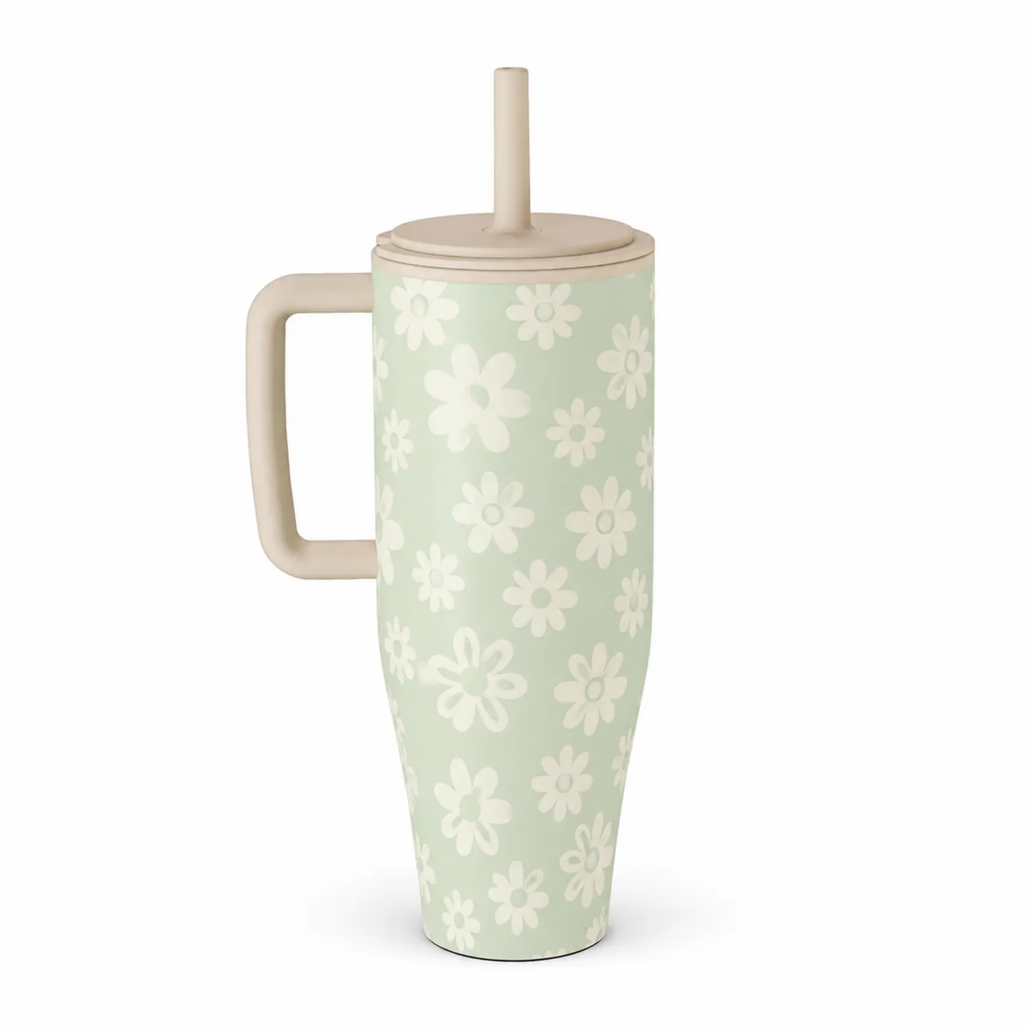 Vaso térmico 450ml verde menta con flores y asa