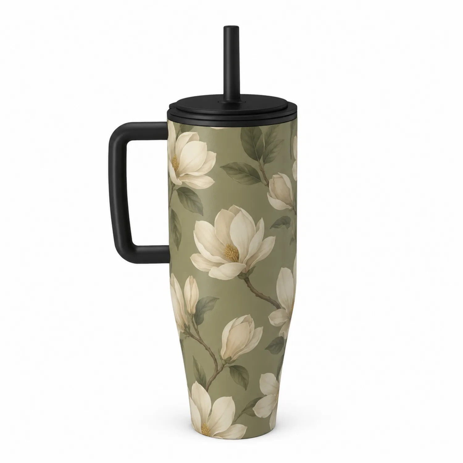 Taza térmica floral con tapa y pajilla 600ml verde