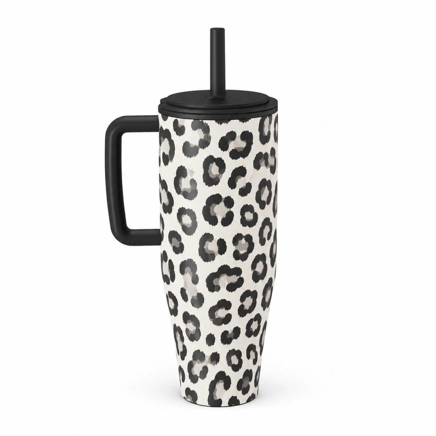 Taza Térmica con Asa y Pajita Diseño Leopardo Blanco y Negro 500ml